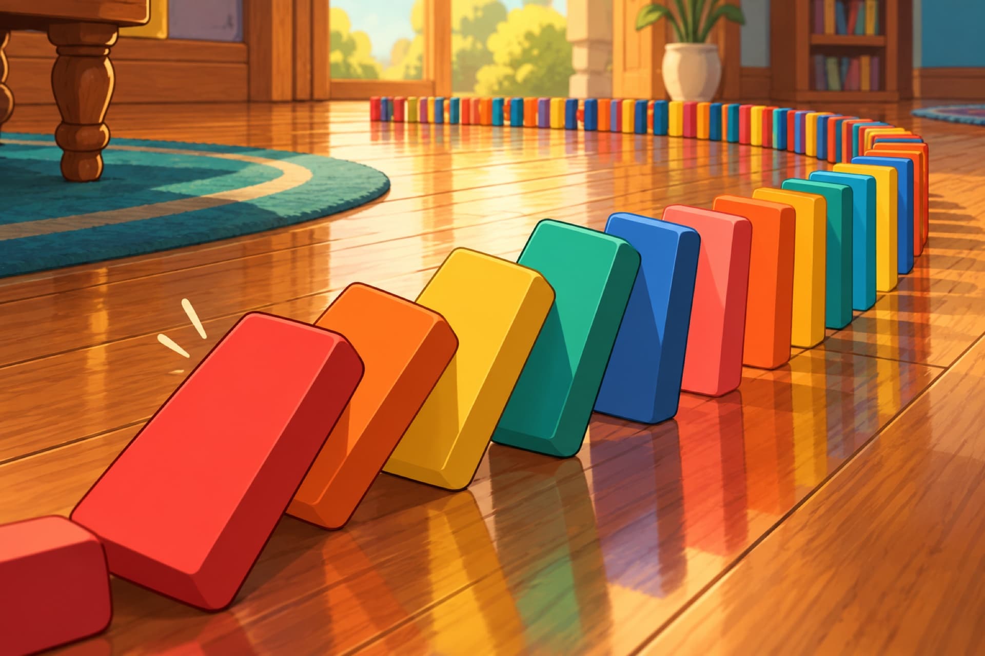A long line of colorful dominoes falling one after another across a wooden floor.