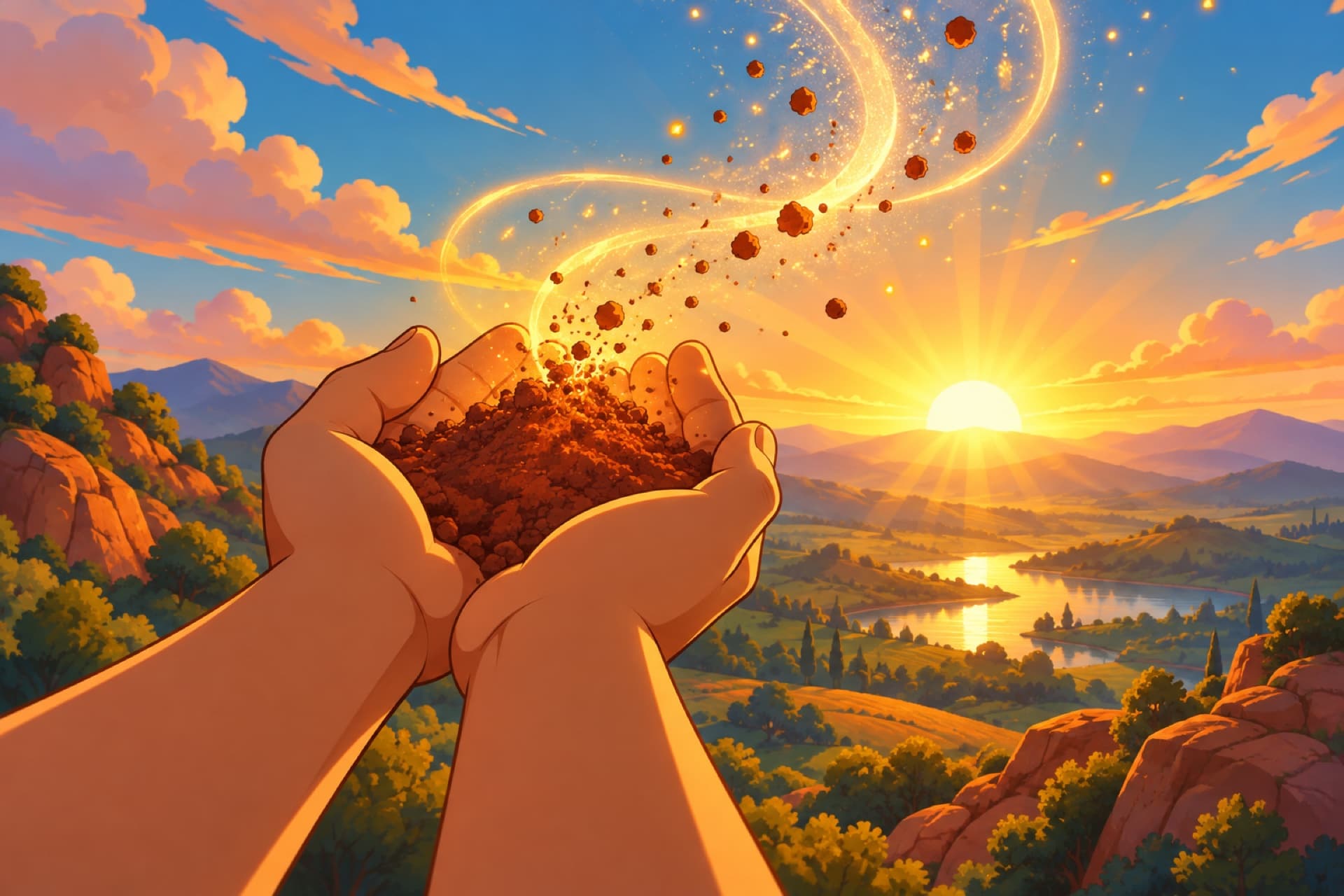 Two cupped hands hold up a little mound of red earth to the sunrise as golden light lifts from it like breath.