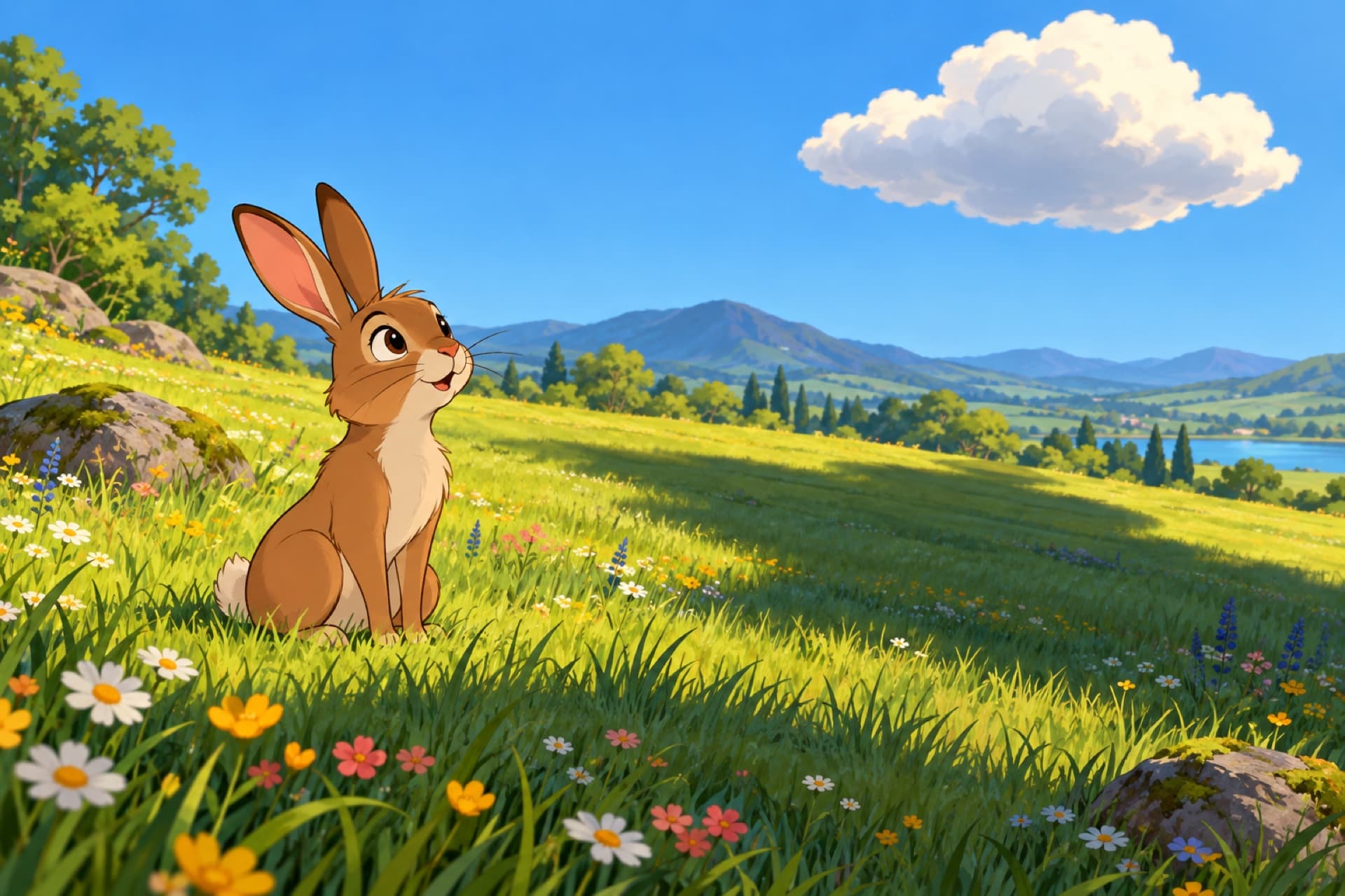 A rabbit in a sunny meadow bolts as a cloud's shadow sweeps over the grass.