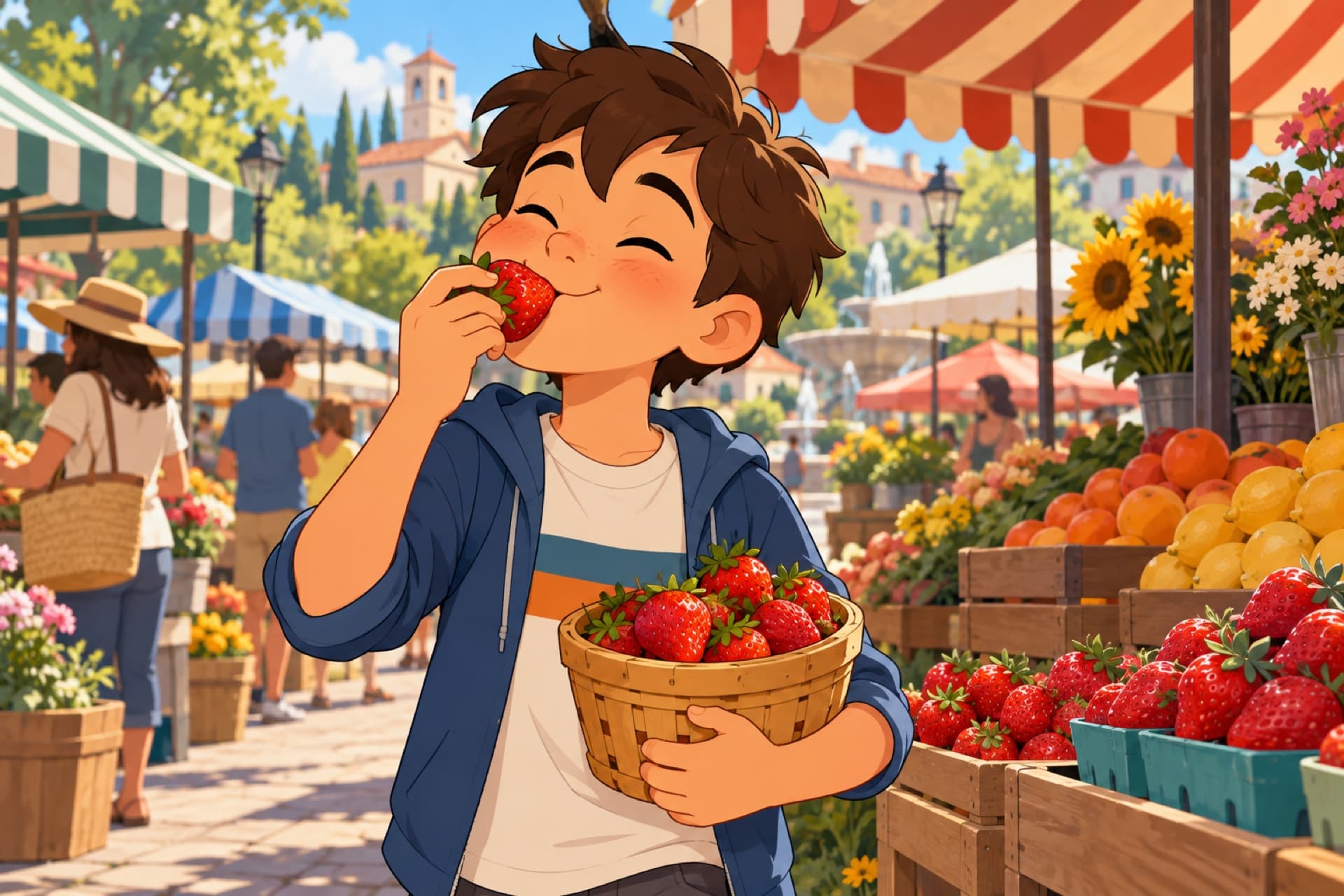 A boy at a sunny farmers' market bites into a big strawberry with his eyes closed in delight.