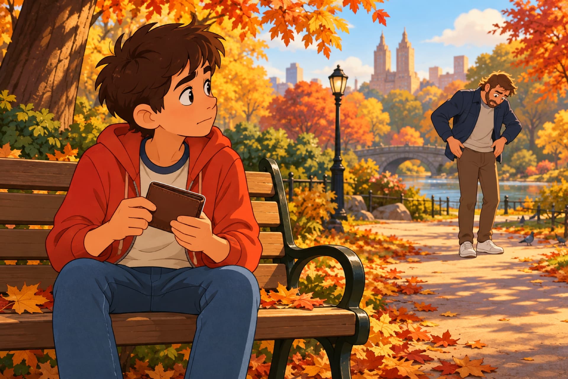 A boy on a park bench holds a lost wallet and looks up the path, deciding what to do.