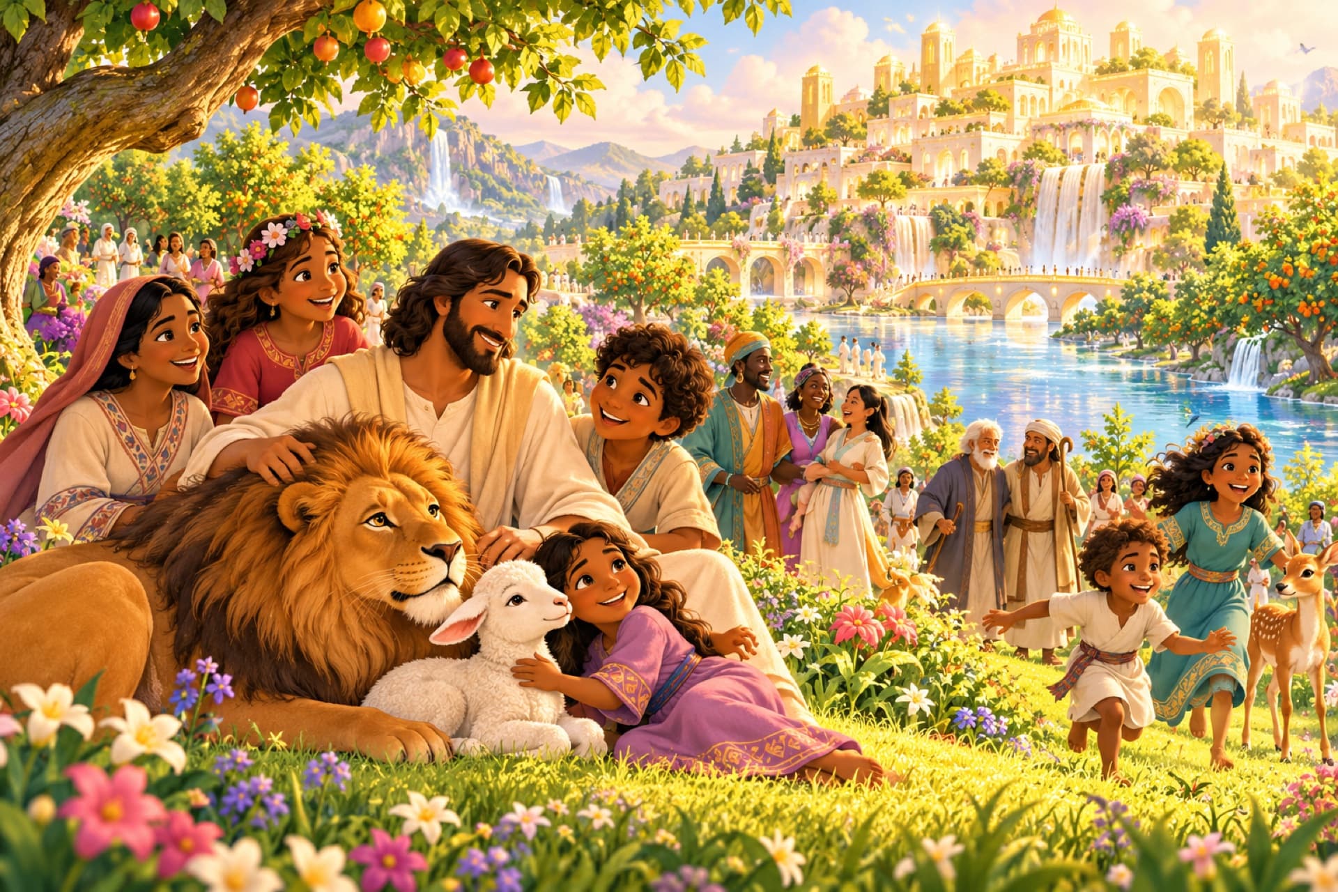 A renewed earth: a shining garden city with a river and fruit trees, a lion lying beside a lamb, and people of every age laughing together.