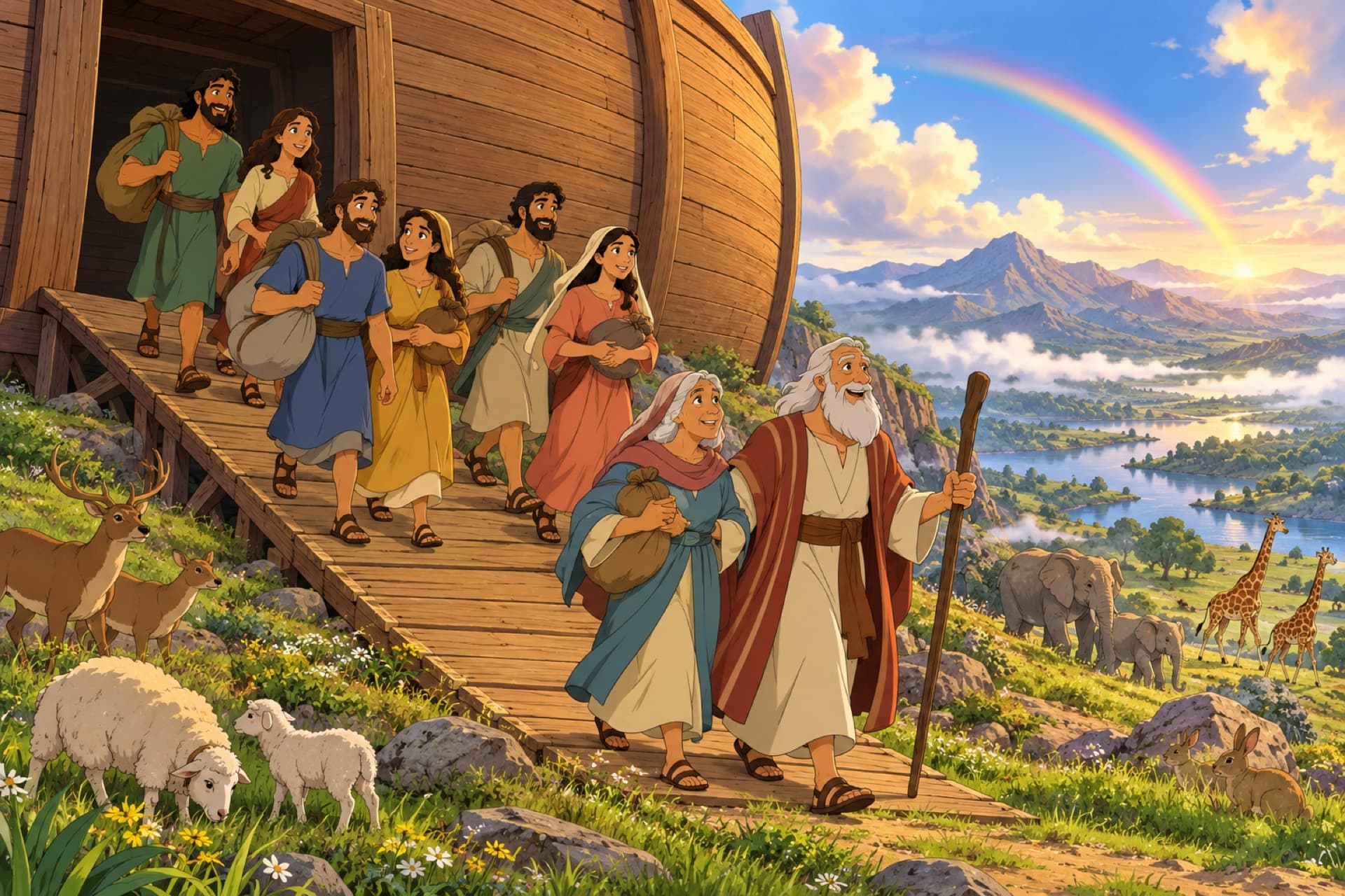 Eight people walk down from a great wooden ark onto a green mountainside under a rainbow.