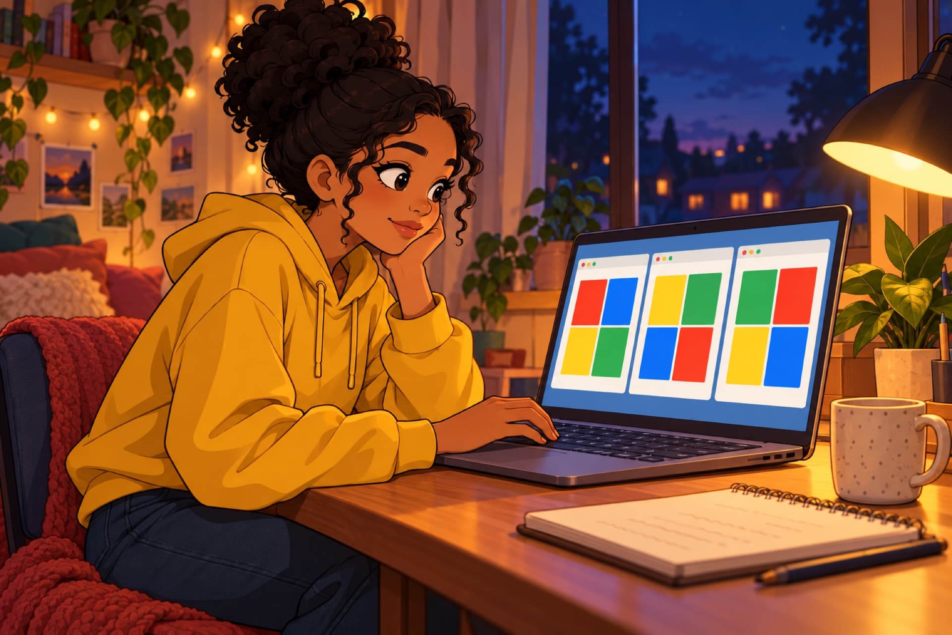 The teenager at a laptop drags the same colored blocks into three different app windows.