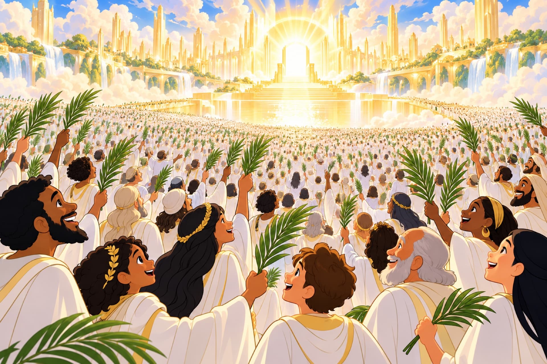 A vast crowd from every nation, in white robes and holding palm branches, stands before a throne of light.