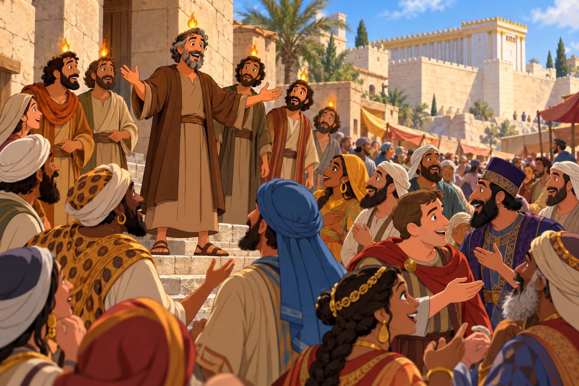 In a Jerusalem street, a crowd from many nations listens in amazement as a few disciples speak.