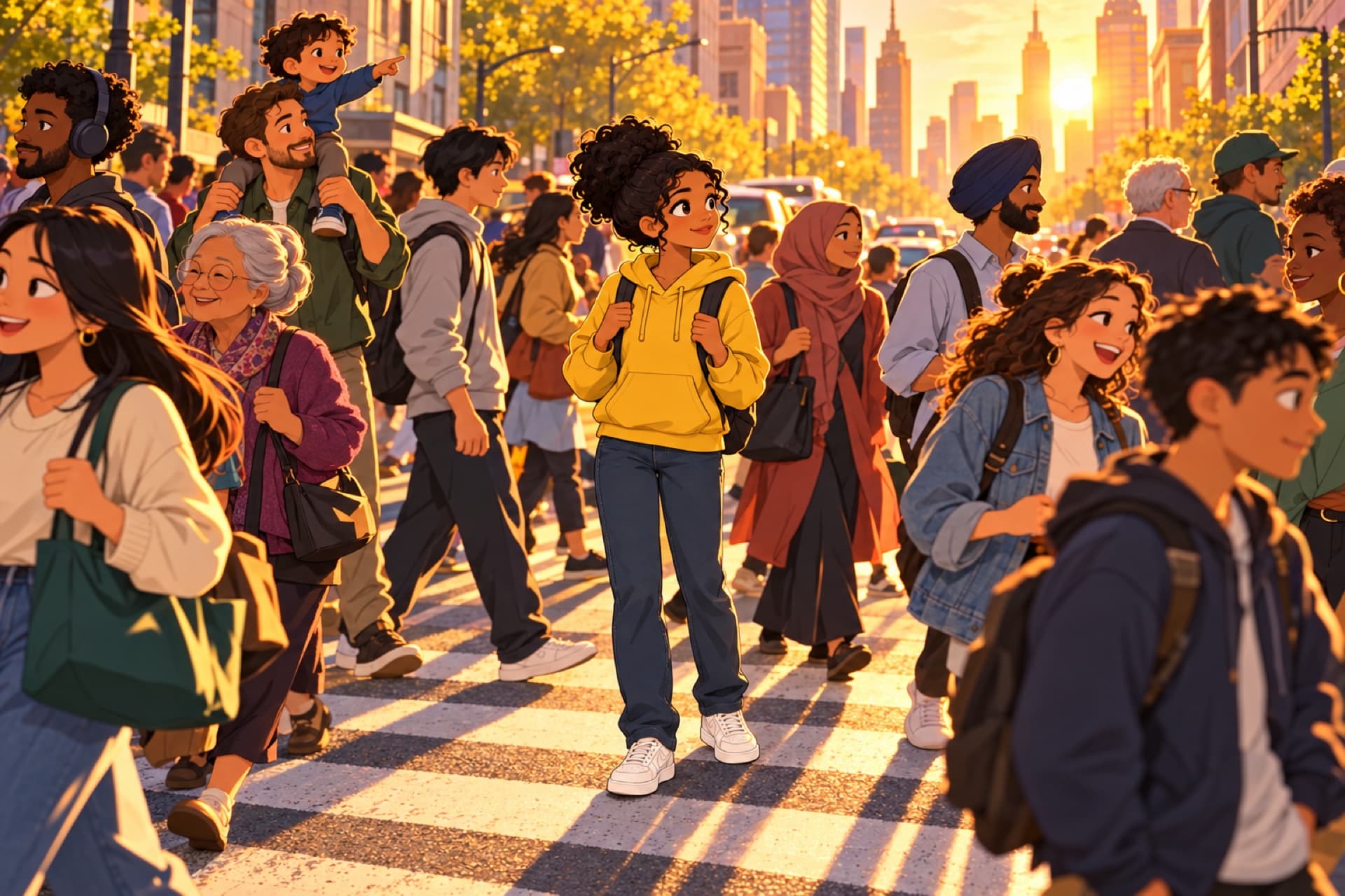 A busy city crossing full of people of every nation, with the teenager in the middle looking around.