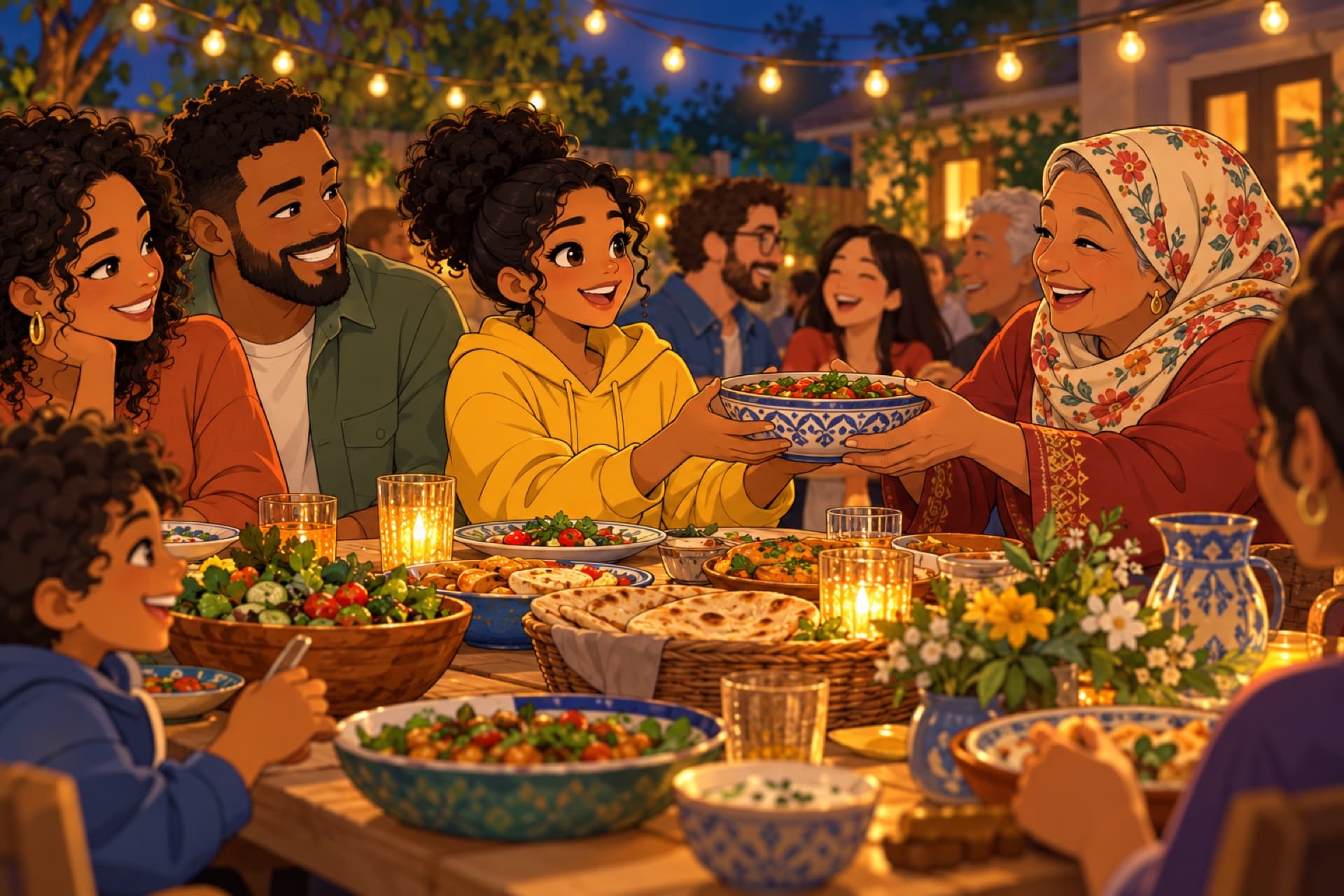 The teenager laughs at a long table crowded with people of many nations sharing a meal.