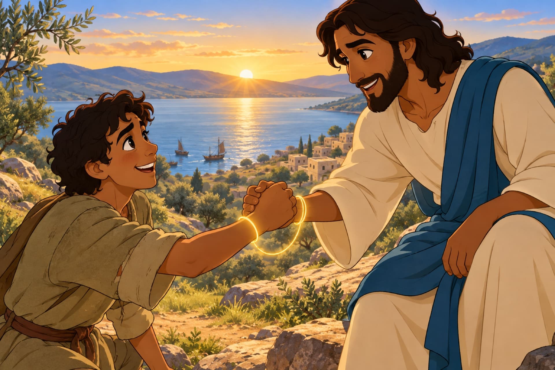 A young man reaches out his hand and Jesus takes it; a thin golden thread of light loops between their wrists.
