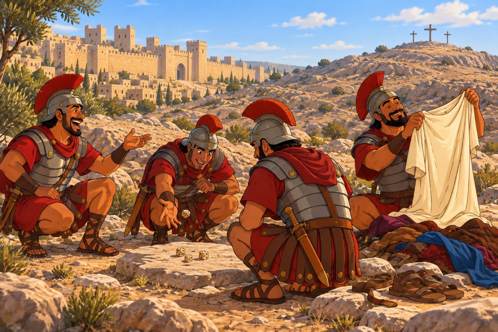 On the ground below the hill, Roman soldiers cast lots for a seamless cream tunic beside a heap of clothes.