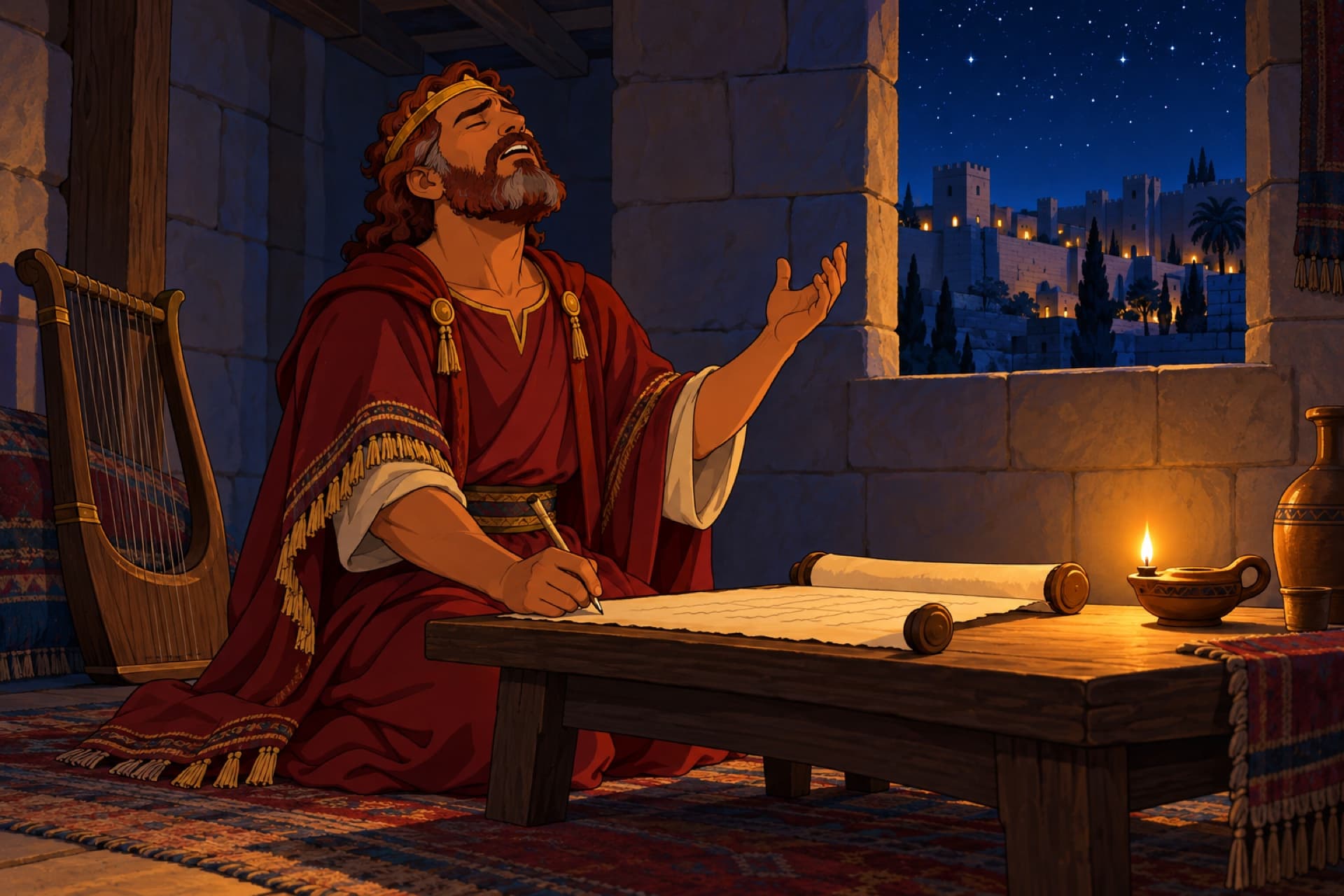 Alone at night in a stone room, King David kneels with a harp beside him, his face lifted in anguish as he writes a psalm.
