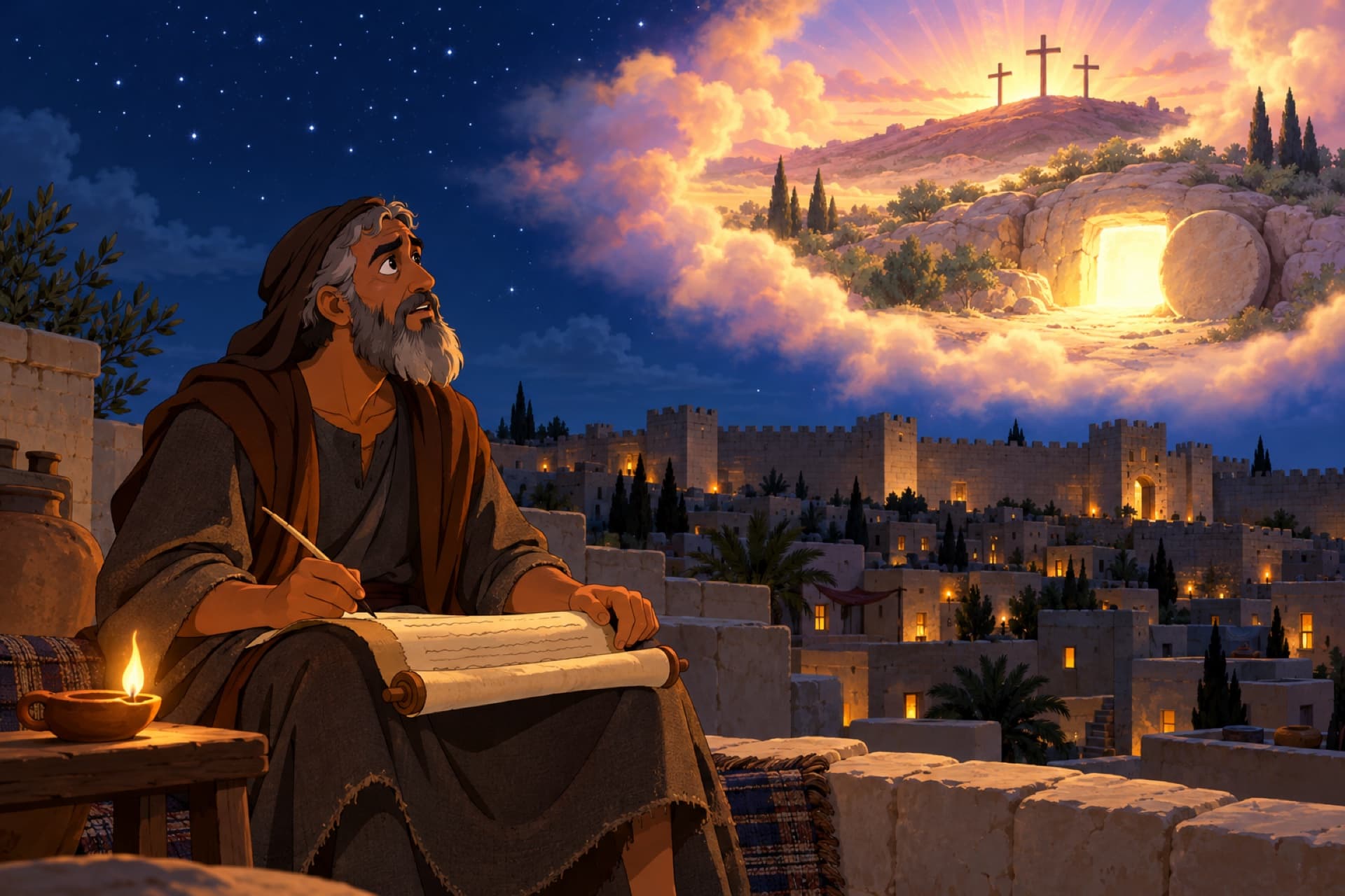 On a Jerusalem rooftop at night, Isaiah writes on a scroll while above the city a glowing vision shows three small crosses on a far hill and an open tomb pouring out light.