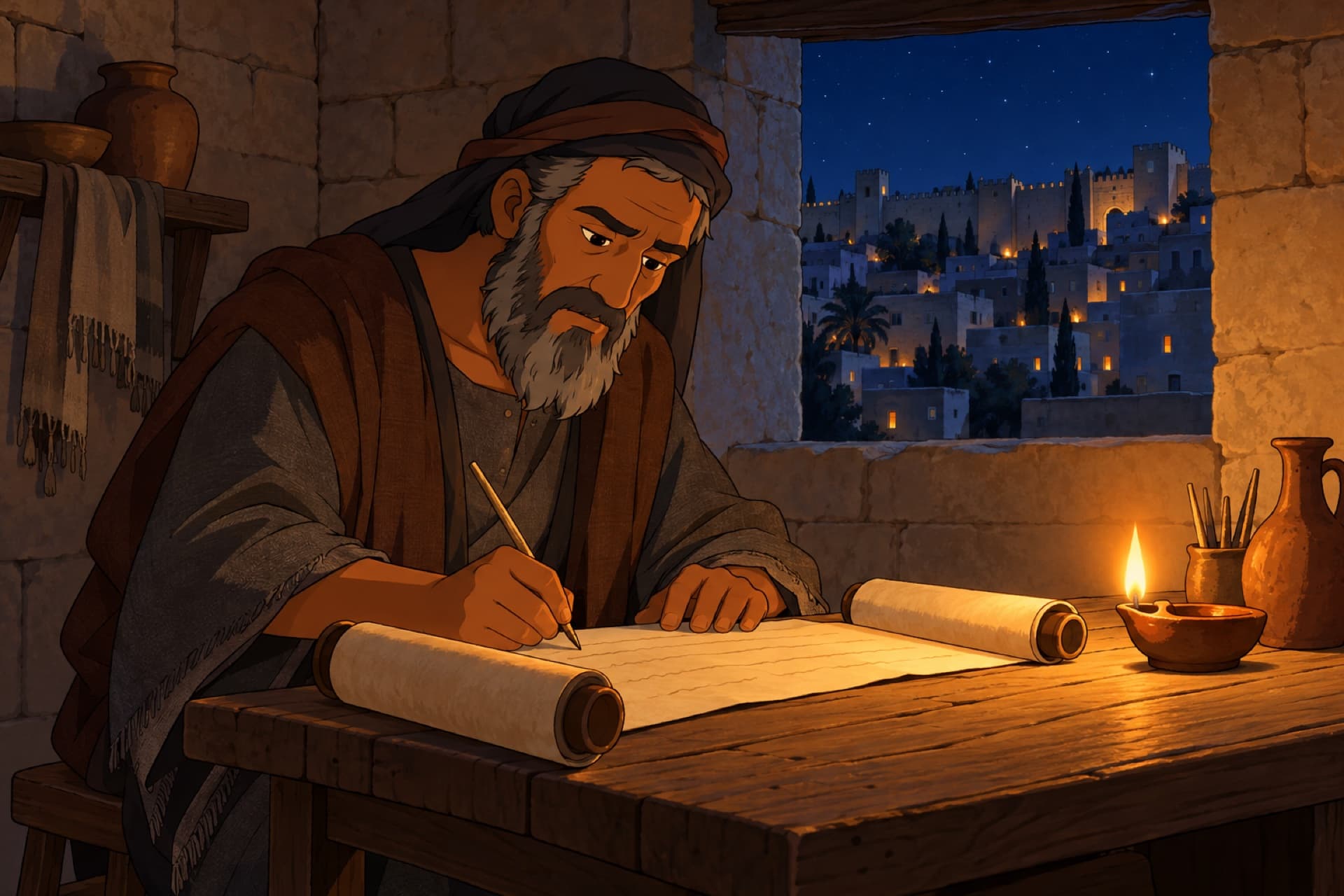 By lamplight in a stone room in Jerusalem, the prophet Isaiah writes on a scroll, the walls of the hill city outside the window.