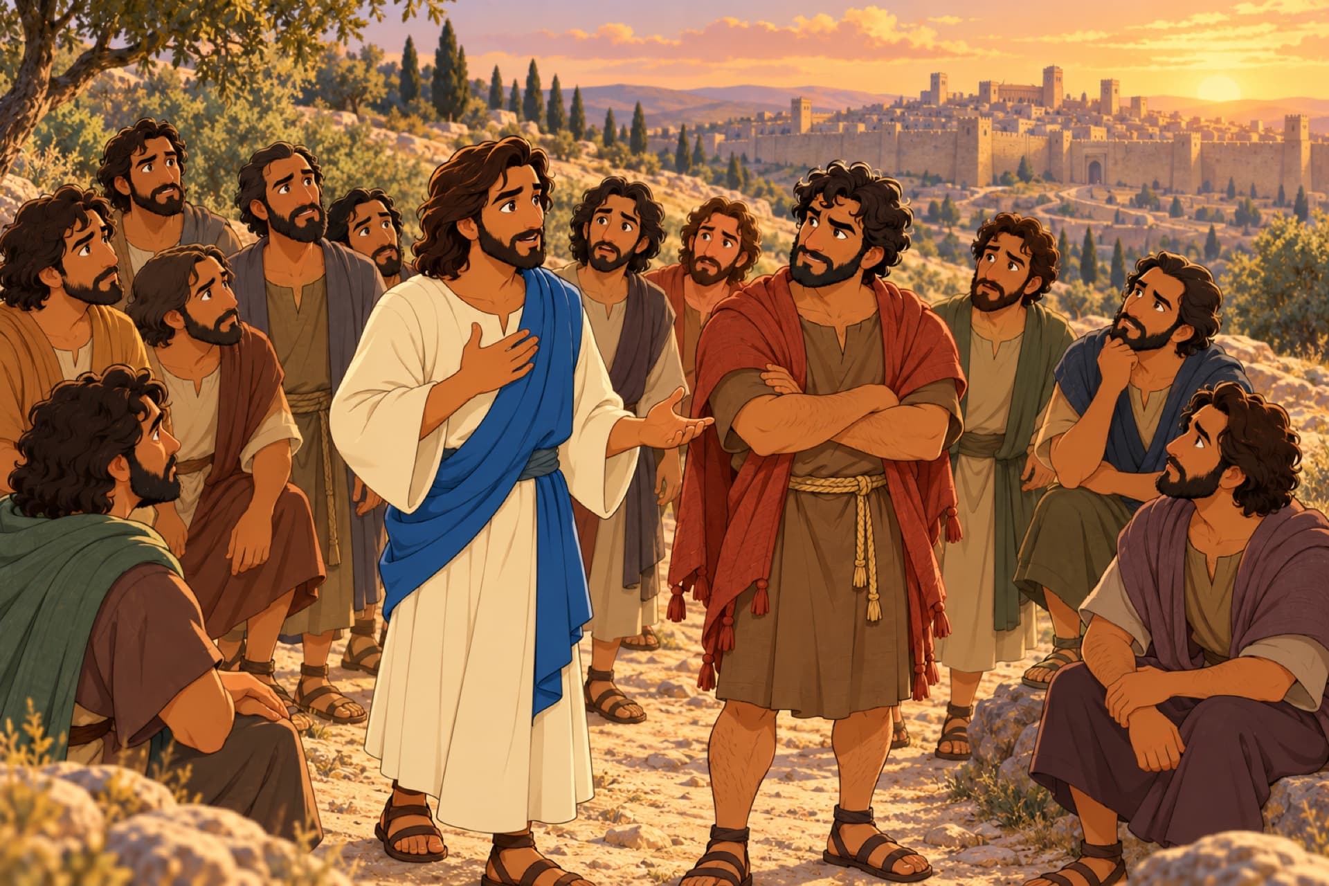 On a road toward a city, Jesus tells his disciples he will die and rise, and they look at each other, puzzled.