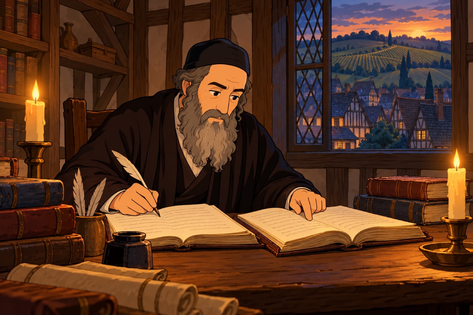By candlelight in a timber-framed study in medieval France, the rabbi Rashi writes a commentary in an open book.