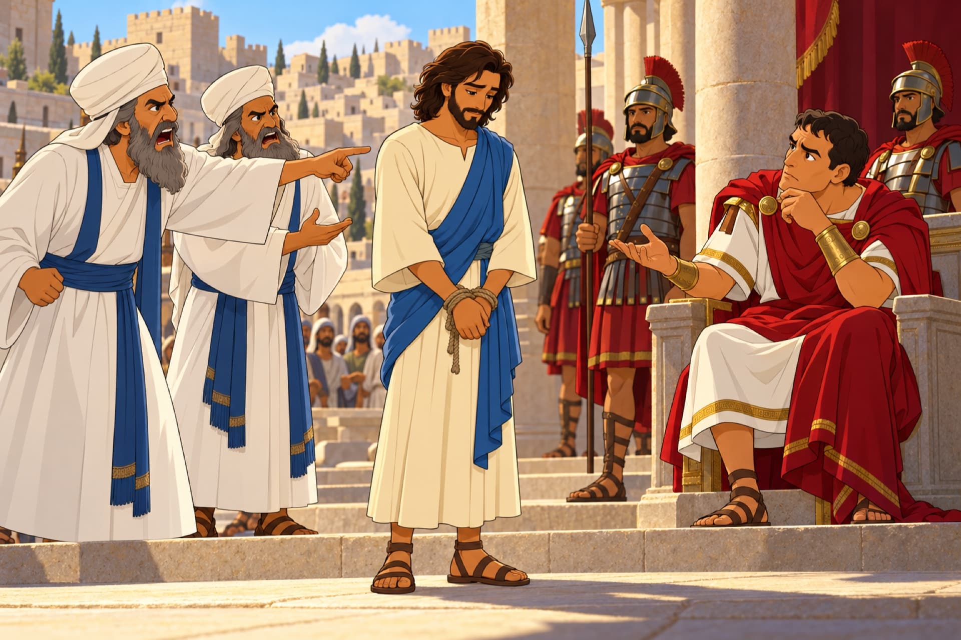 On a raised stone pavement, Jesus stands silent before Pilate while the chief priests point and accuse him.