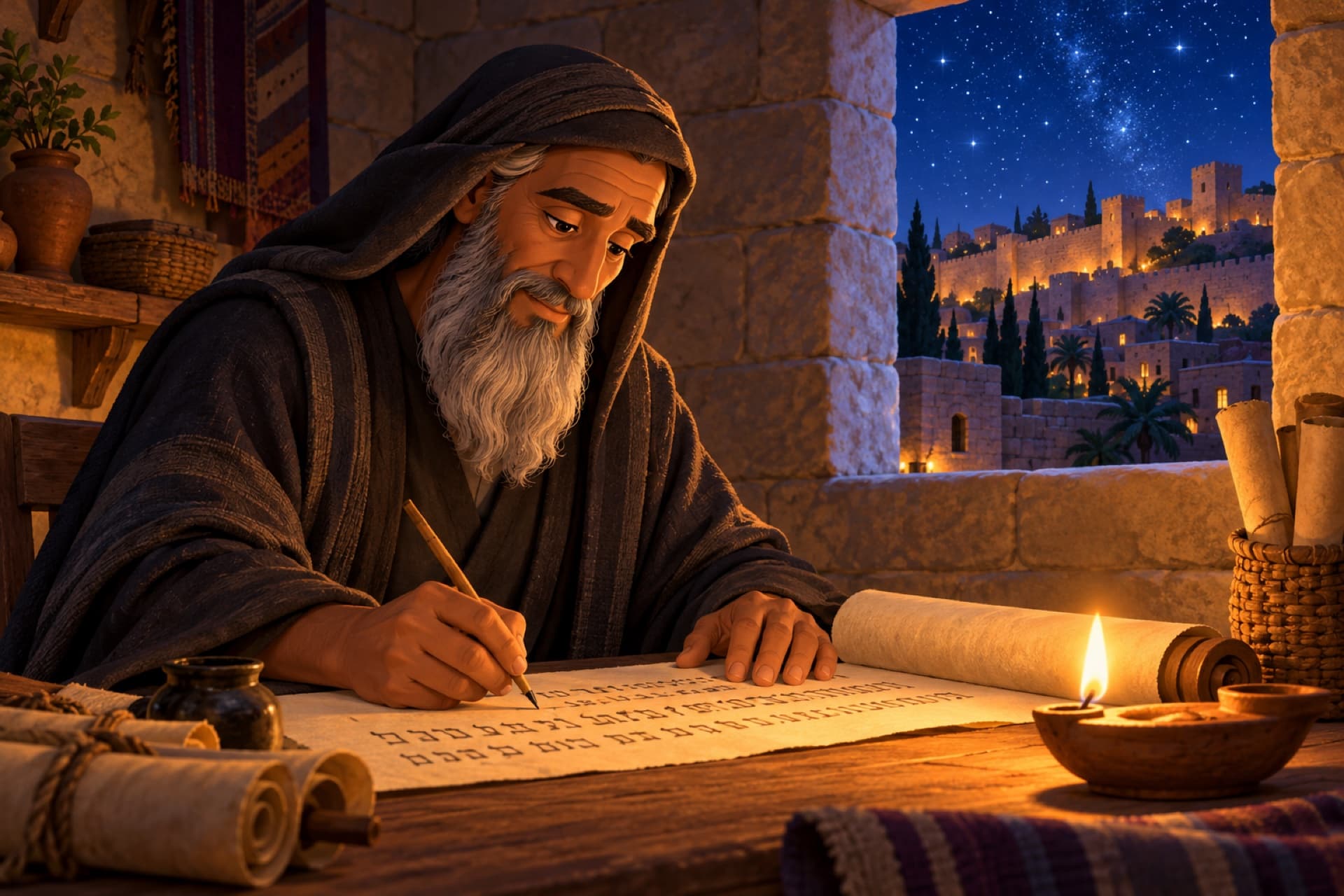 An old prophet writes on a scroll by lamplight at night, the walls of a hill city outside his window.