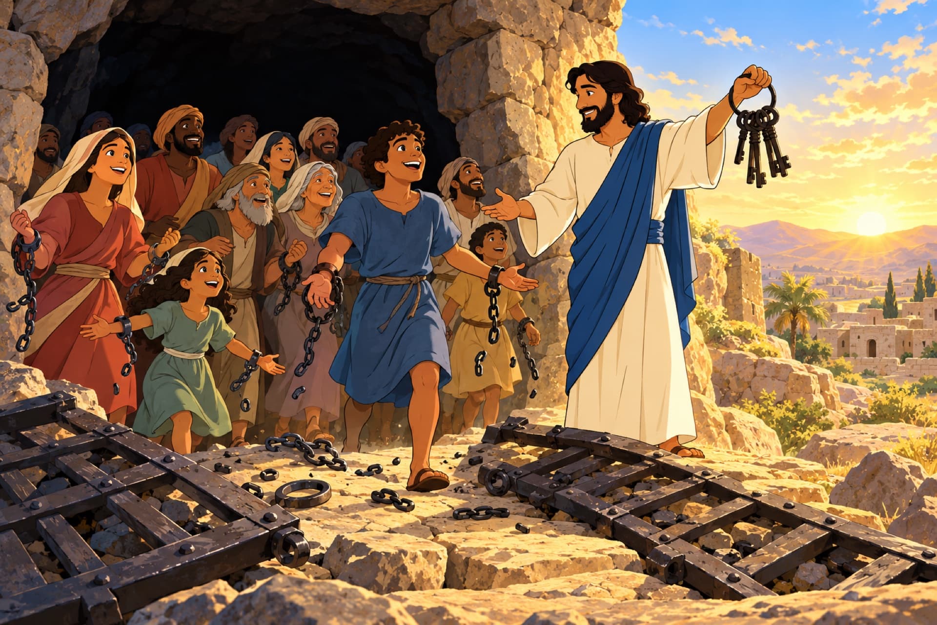 The risen Jesus stands at the broken gates of death as people step out of the dark, chains falling from their wrists.