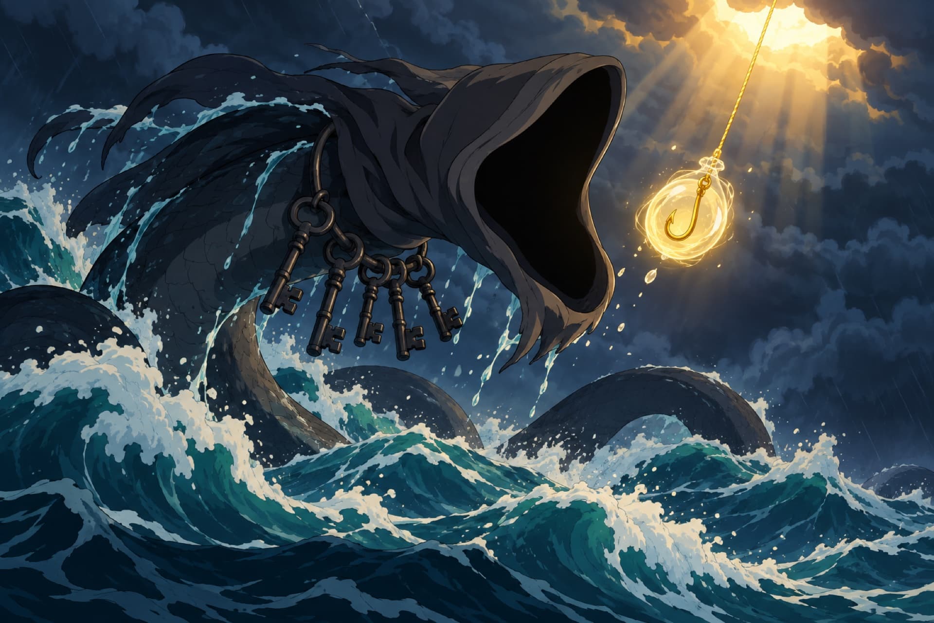 暴風雨的海上,一隻巨大的黑影海怪撲出水面,要吞下一個發光的餌,餌裡藏著一個金鉤子。