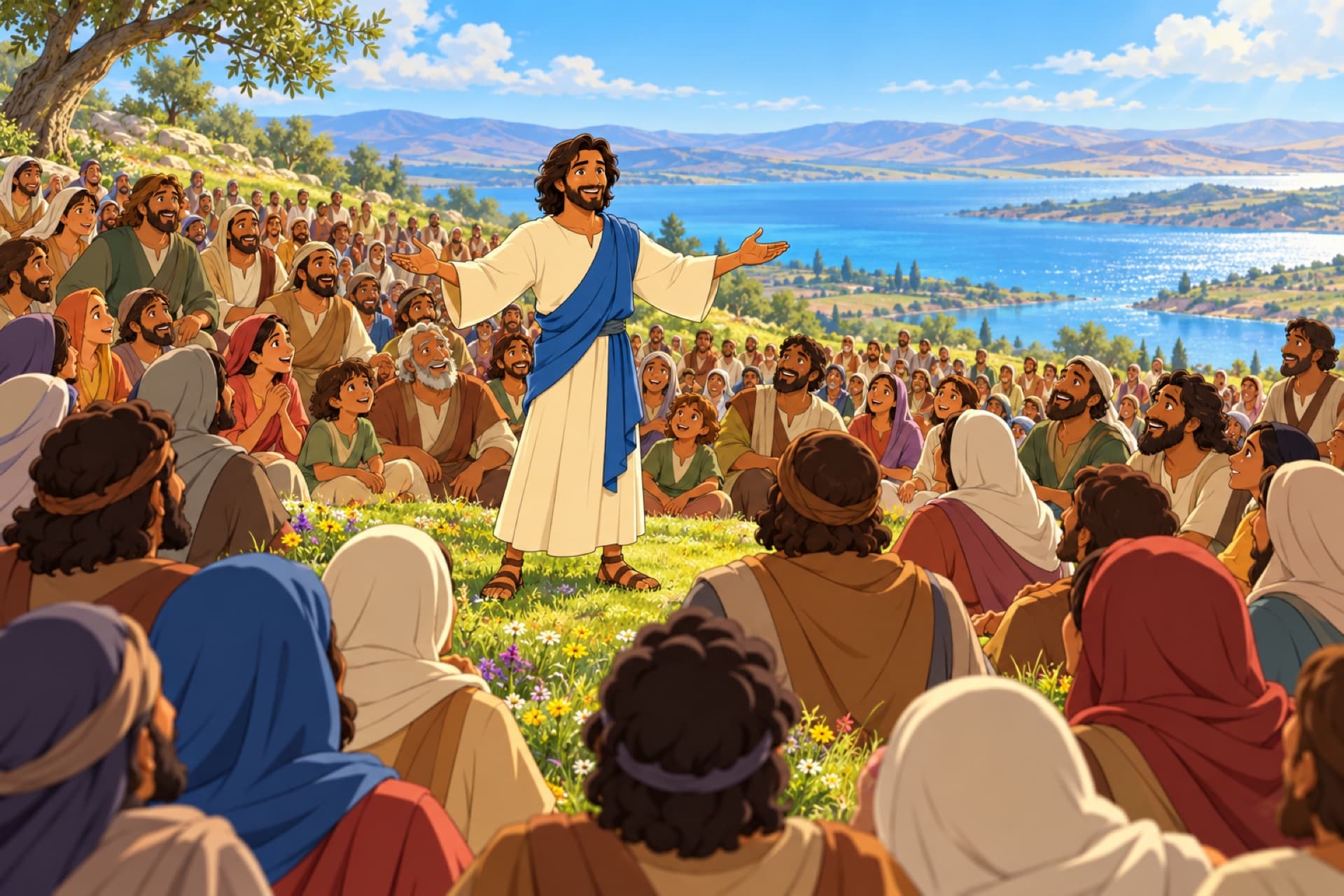 A wide green hillside in Galilee crowded with hundreds of people; far off, Jesus stands among them with his arms open.