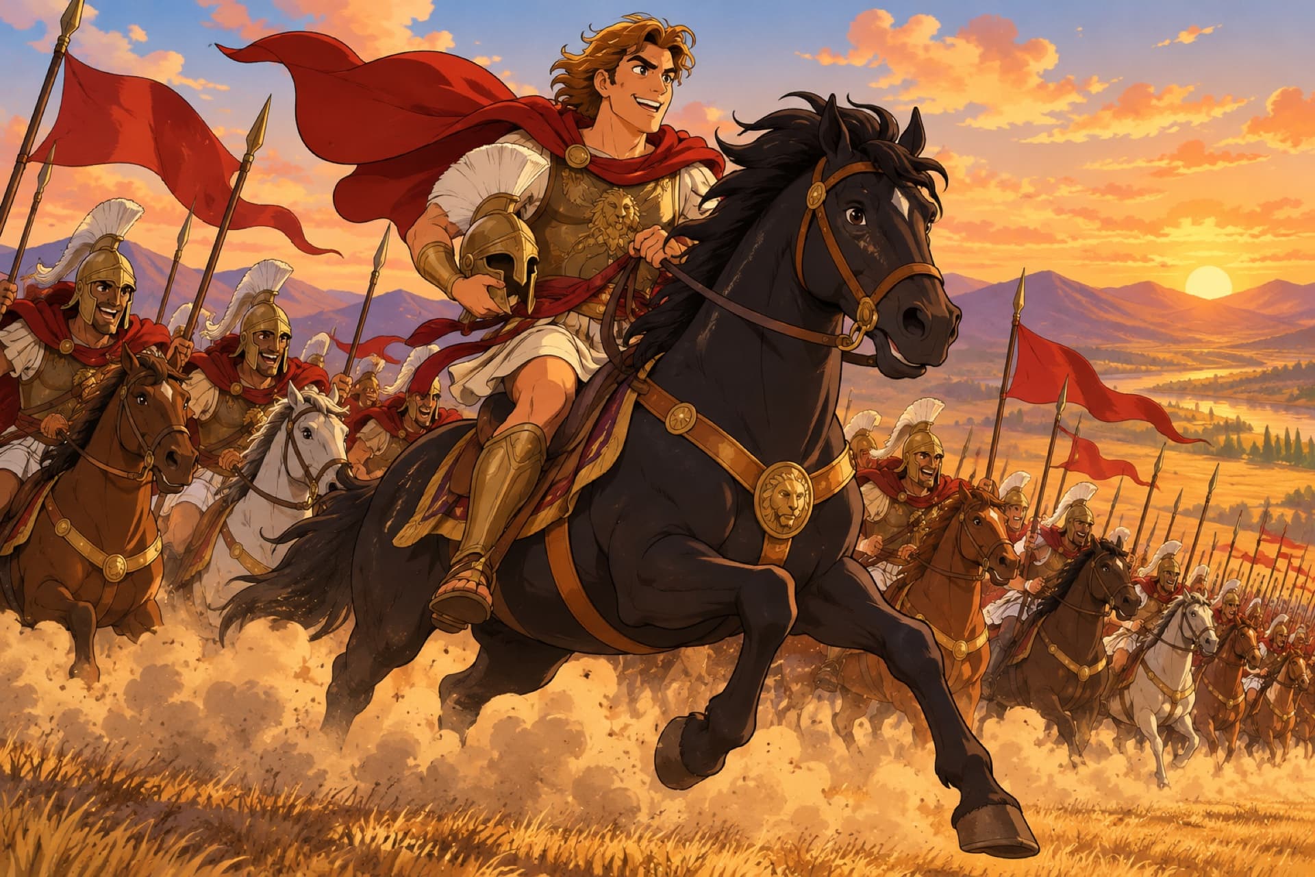 Young Alexander the Great charges on his black horse at the head of his cavalry, banners streaming.