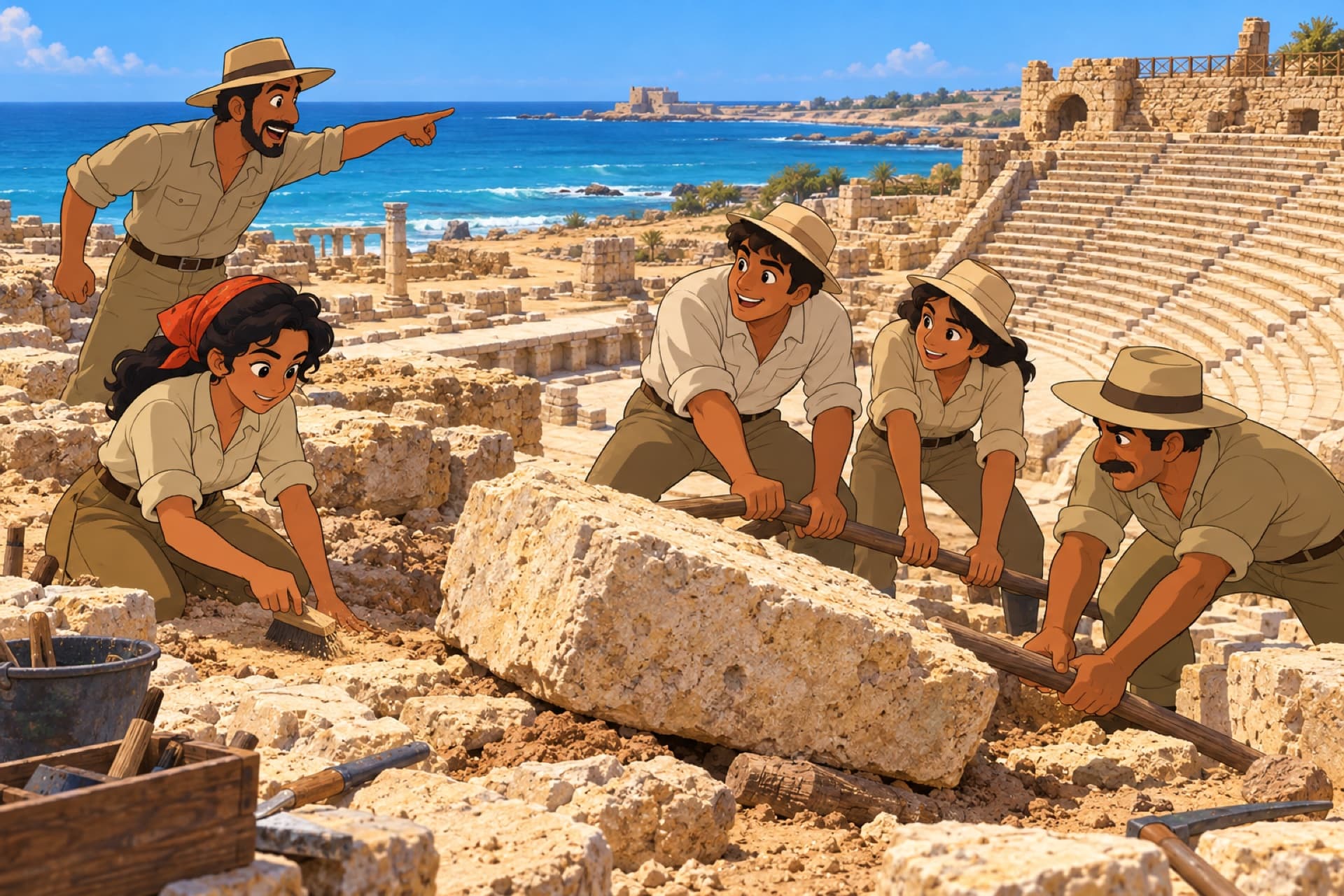 Archaeologists in 1960s clothes lever over a big limestone block in an ancient seaside theater.