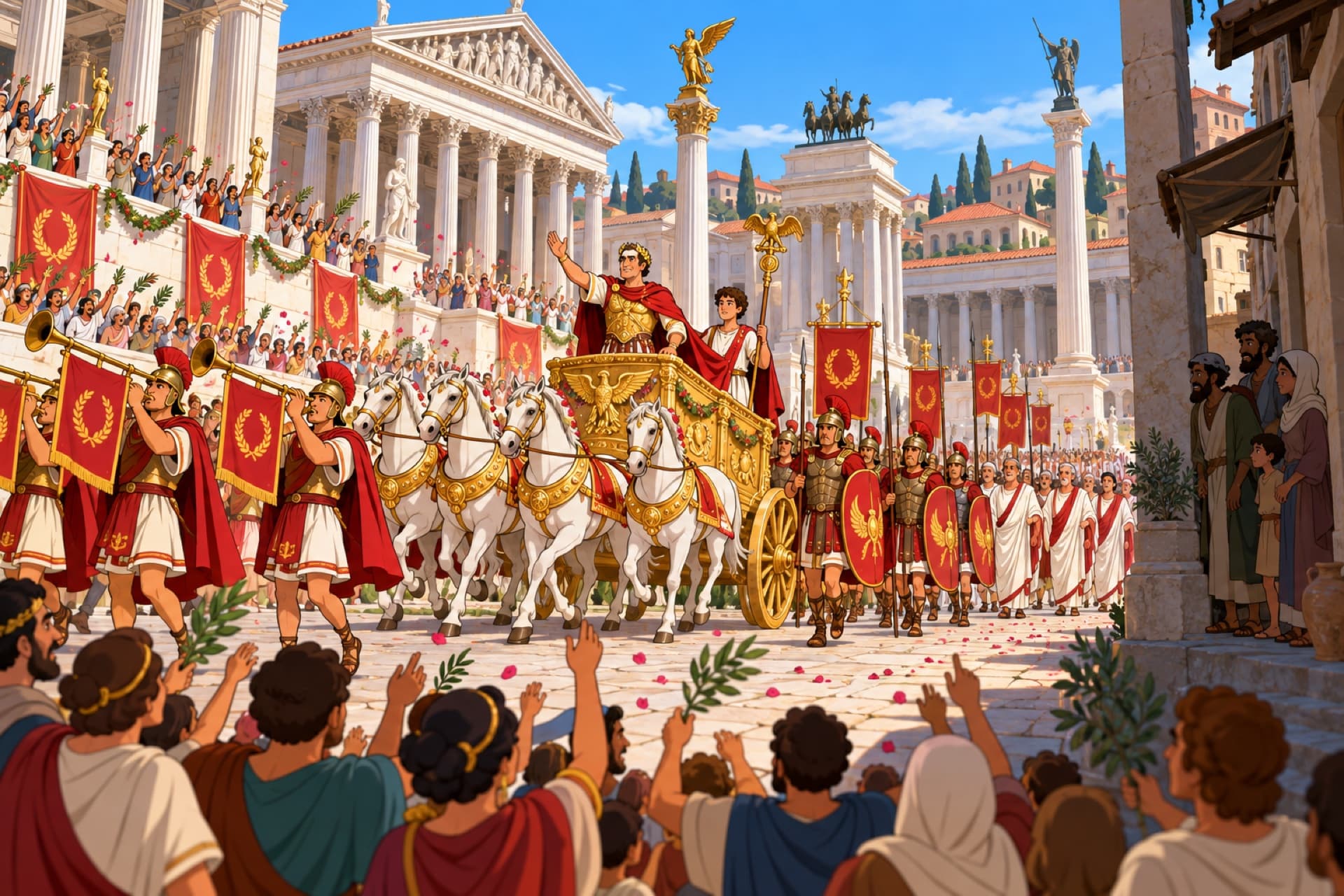 A grand imperial procession crosses the Roman Forum while, far down a side street, a few ordinary people watch unnoticed.