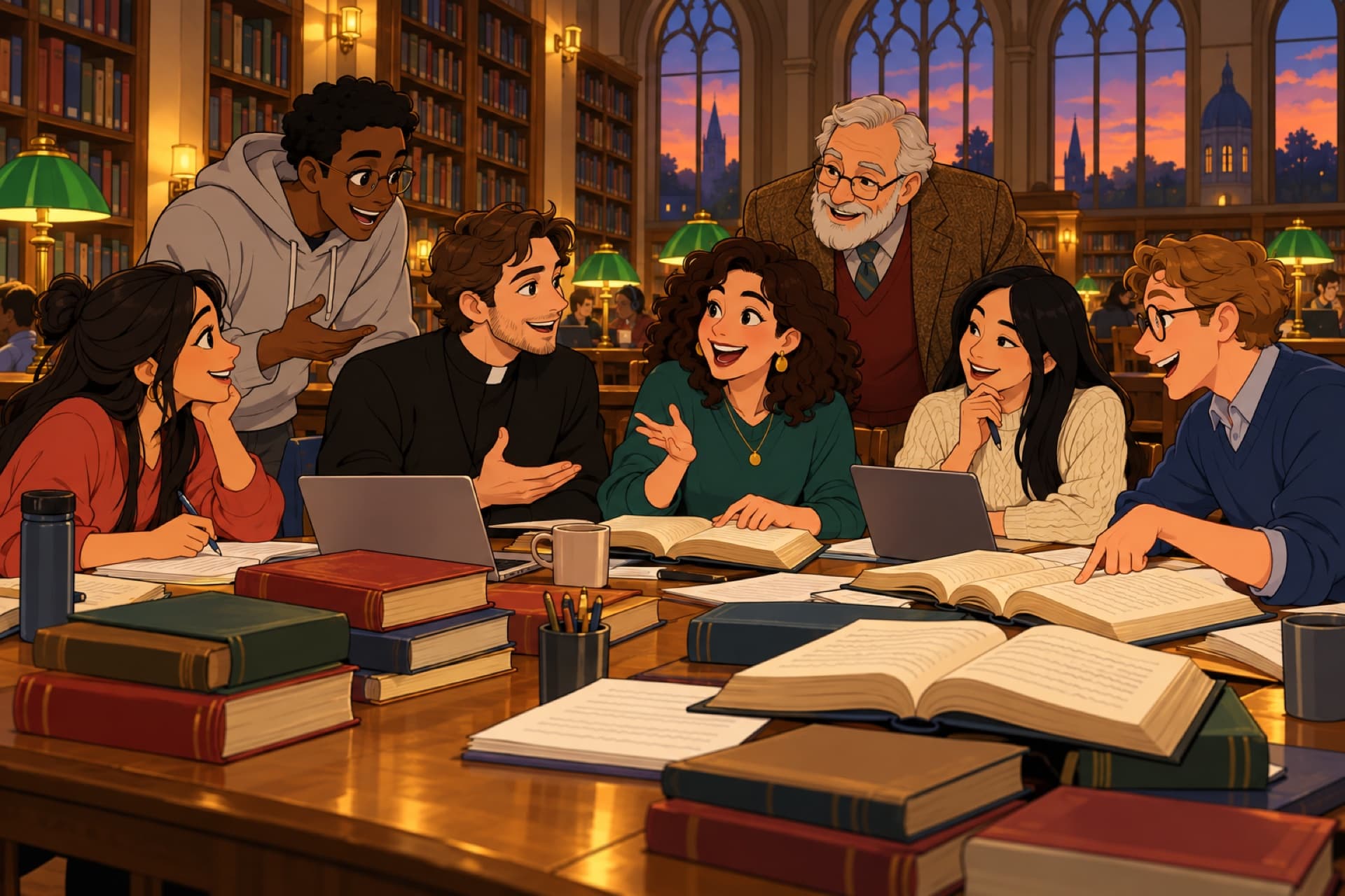 Scholars of every kind argue over open books in a modern university reading room at dusk.