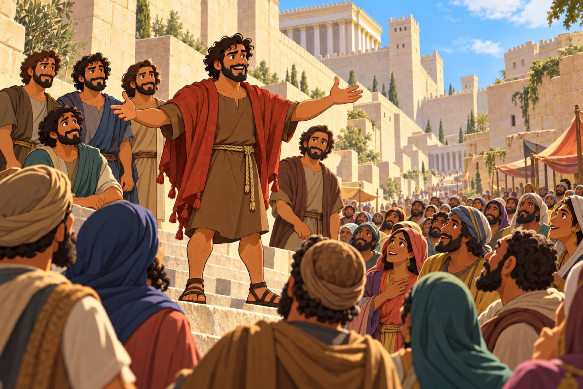 Peter stands on steps in Jerusalem and speaks boldly to a huge crowd from many nations.
