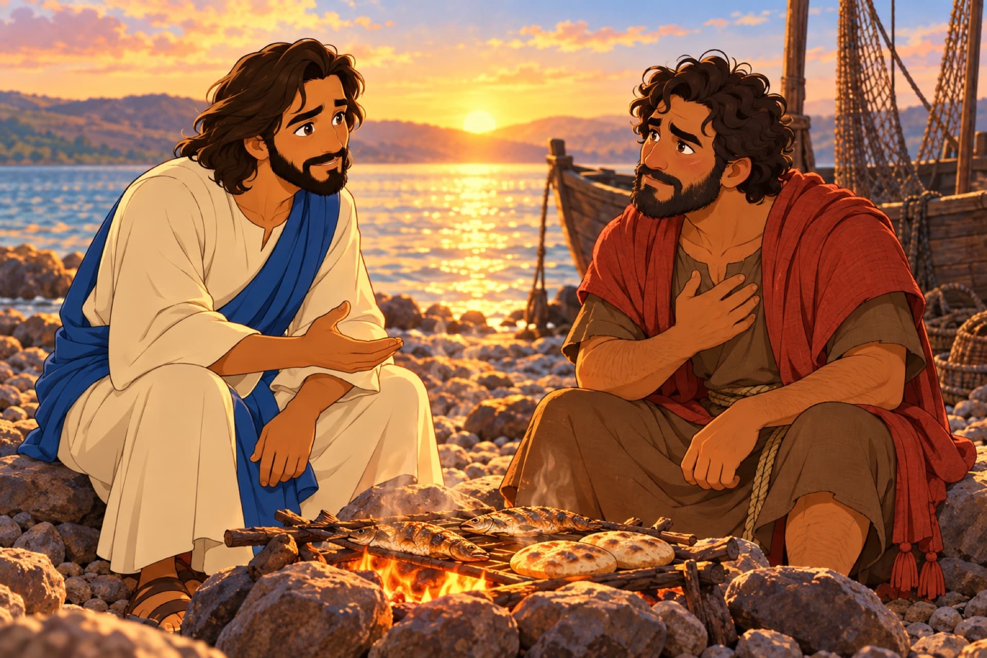 At dawn by the Sea of Galilee, Jesus and Peter sit by a charcoal fire with fish on it; Peter answers with his hand on his heart.
