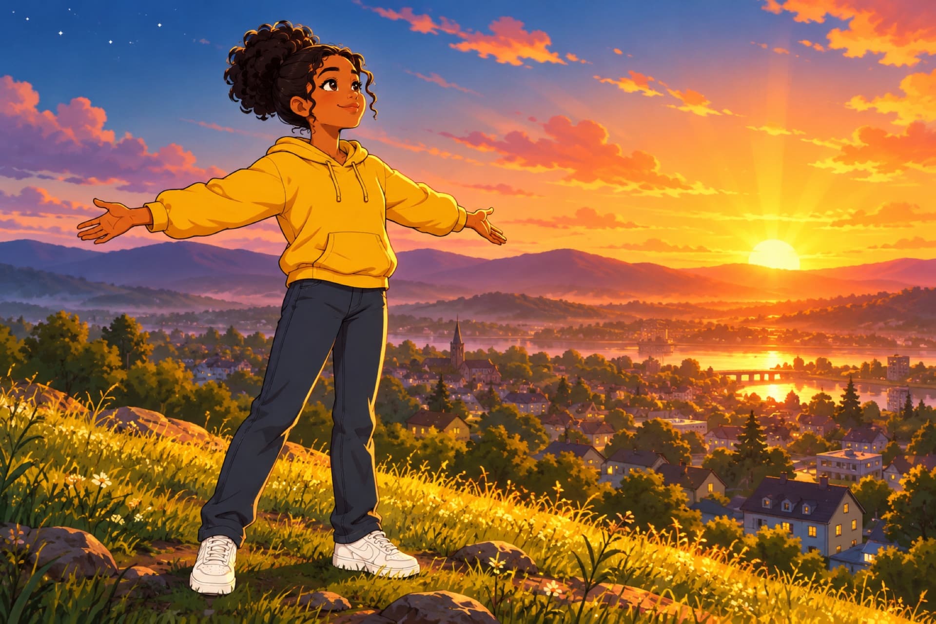A teenager stands on a hilltop at sunrise with her arms open, looking out at the sky.