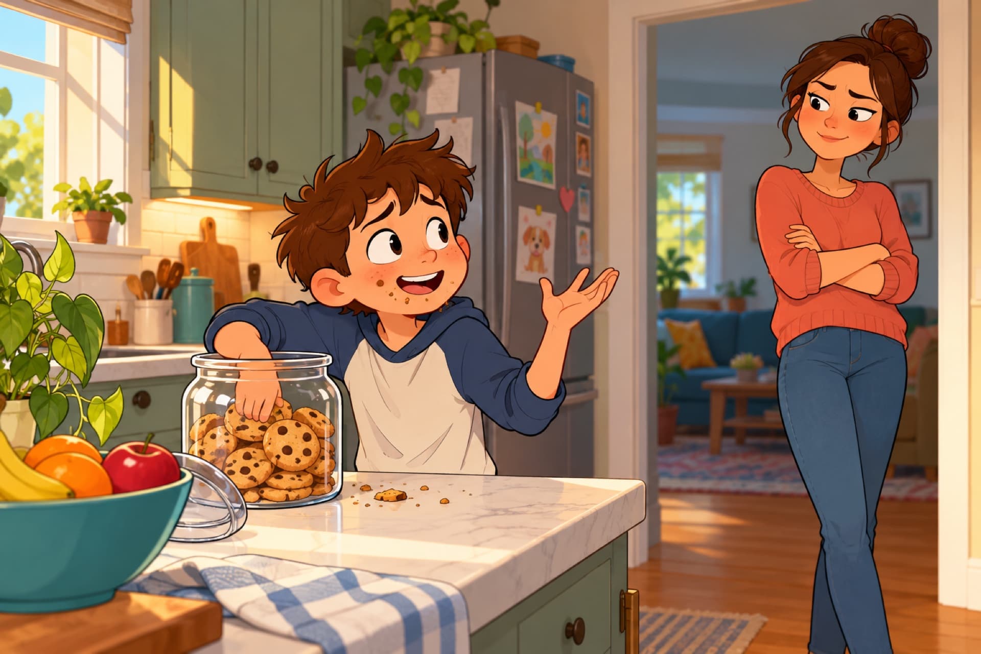 A boy caught with his hand in the cookie jar talks fast while his mother looks on, arms folded.