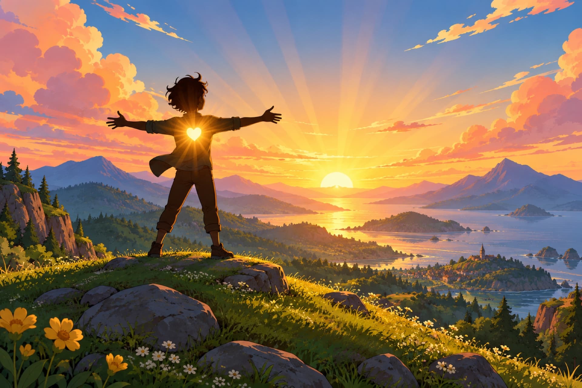 A person on a hilltop at dawn with a soft golden light glowing from their chest.