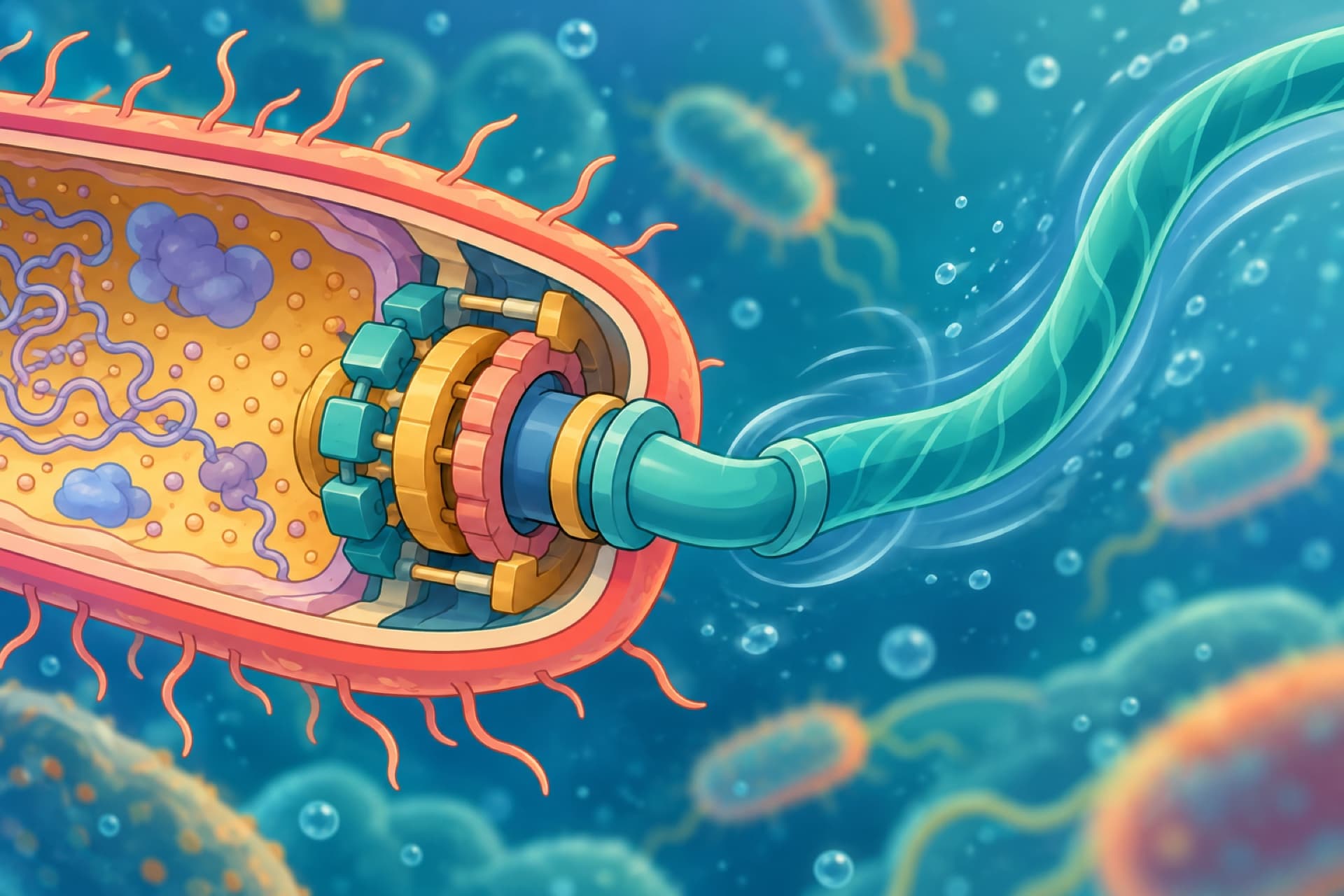 A cartoon cutaway of a tiny rotary motor in a bacterium's wall, spinning a long whip-like tail.
