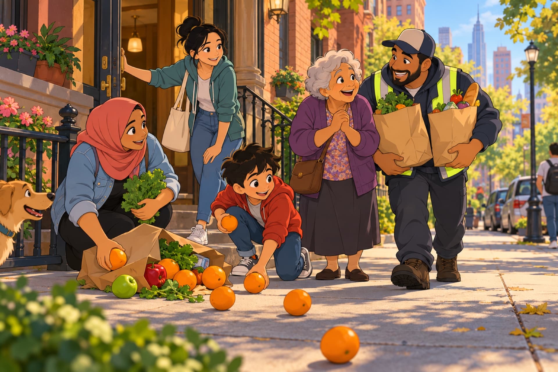 On a sunny street, neighbors of many backgrounds help an elderly woman whose groceries have spilled.