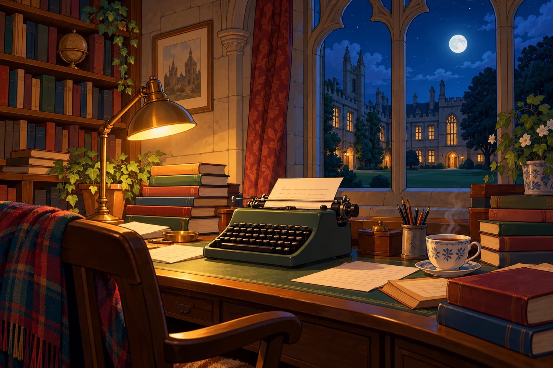 An Oxford study at night: a typewriter on a desk under a lamp, stacks of books, and an arched stone window onto a college quad.
