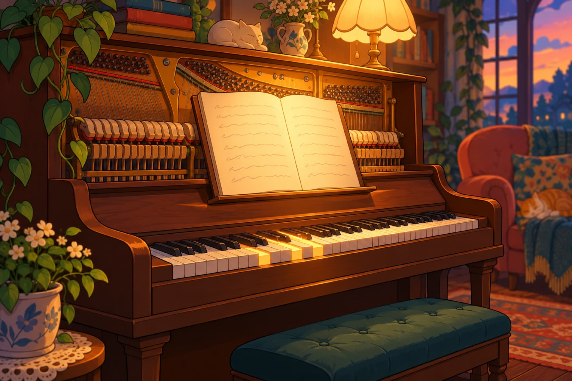 An open piano in lamplight, a sheet of music glowing softly on its stand.