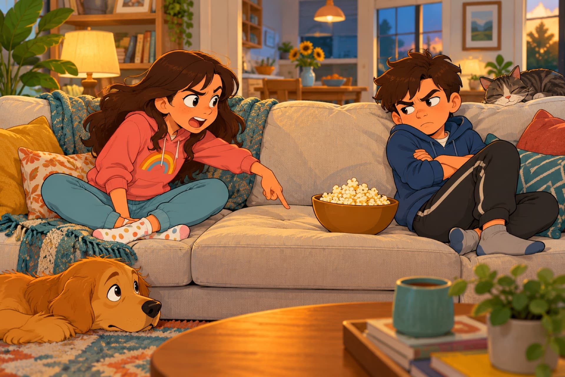 Two kids squabble over the same seat on a sofa, one pointing to say she was there first.