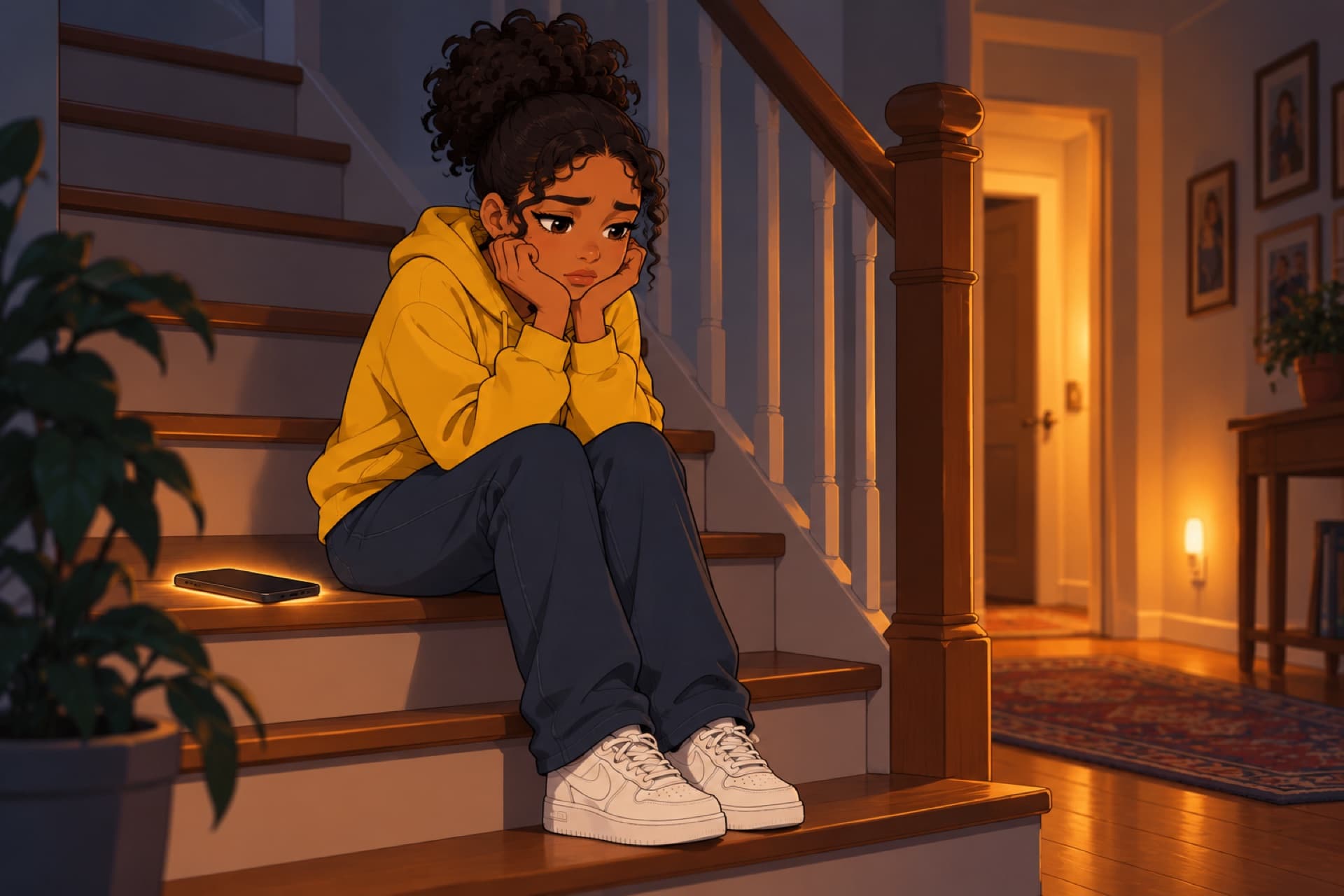 A teenager sits on the stairs at night, her head in her hands, her phone face-down beside her.