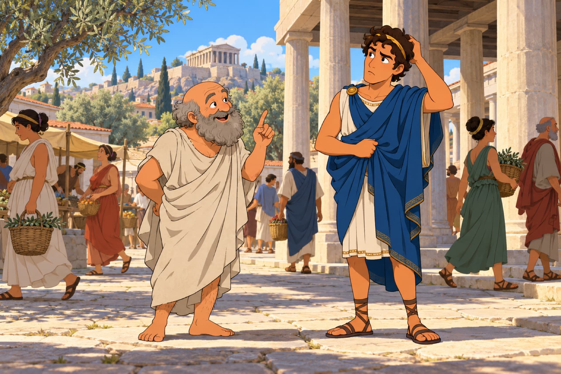 Outside a stone portico in Athens, barefoot old Socrates raises a finger with a question as a puzzled younger man scratches his head.