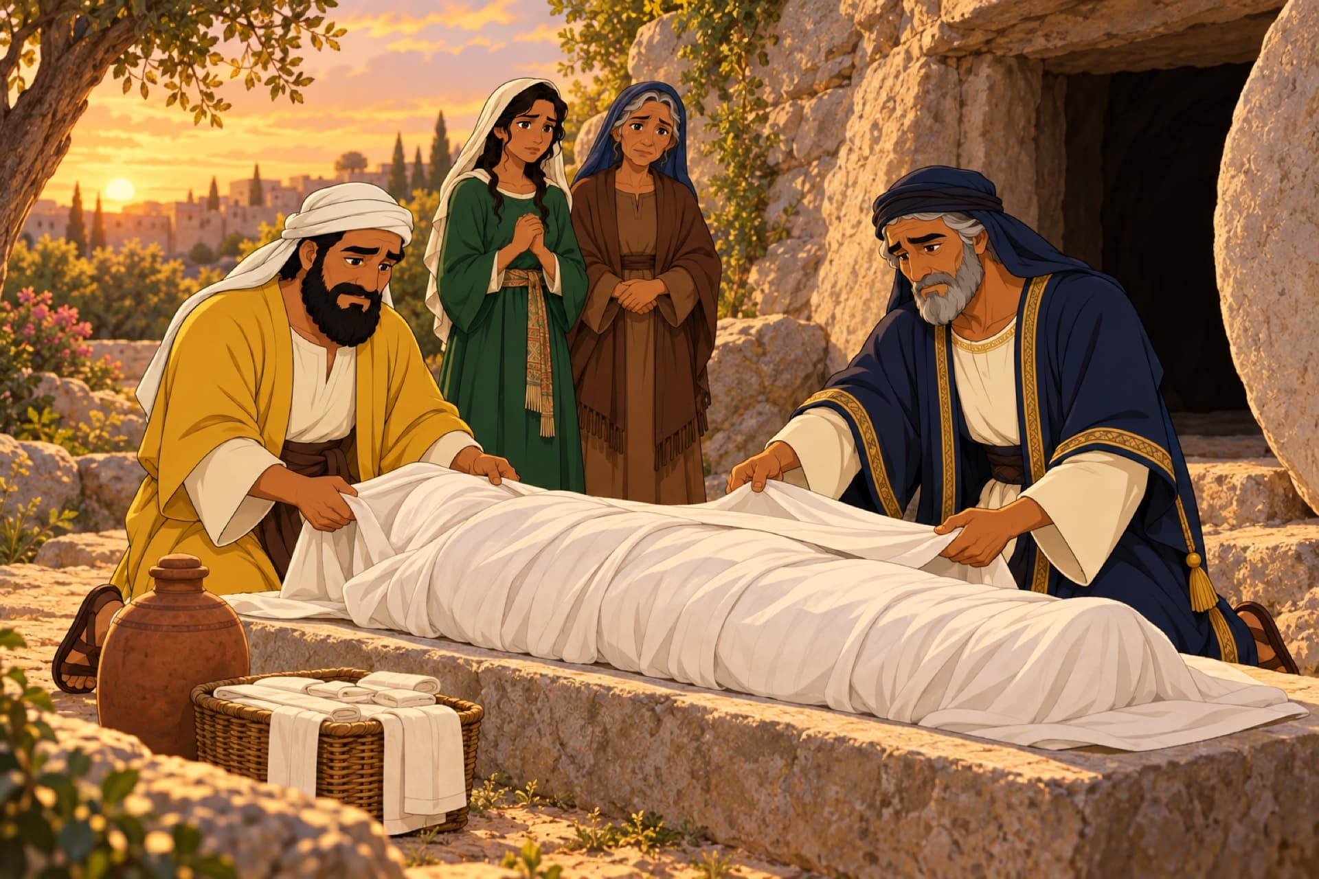 At sunset outside a rock tomb, Joseph of Arimathea and Nicodemus wrap a body, completely covered, in a long linen cloth.