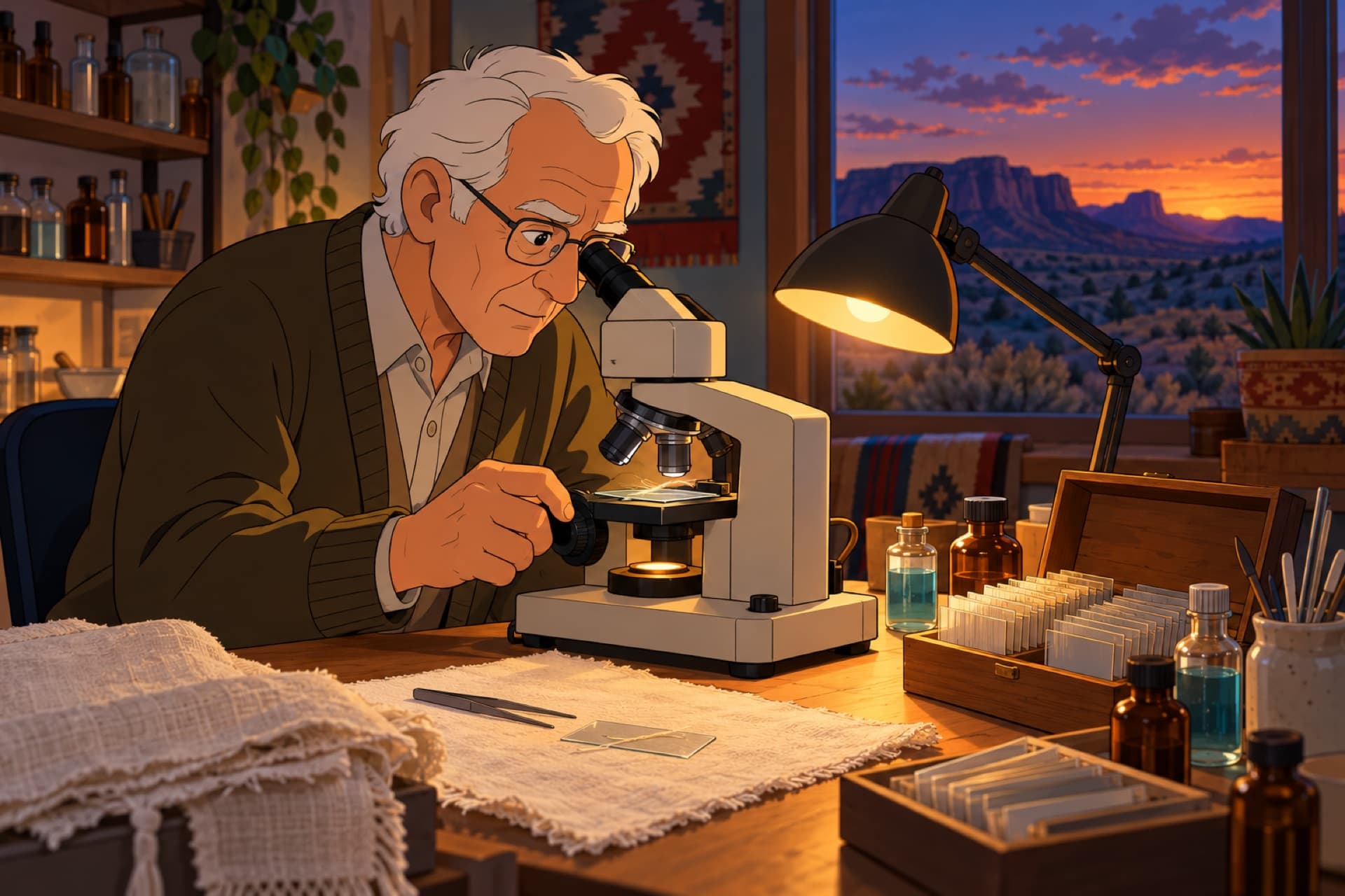 An older chemist with white hair and glasses studies a linen thread under a microscope in his home lab.