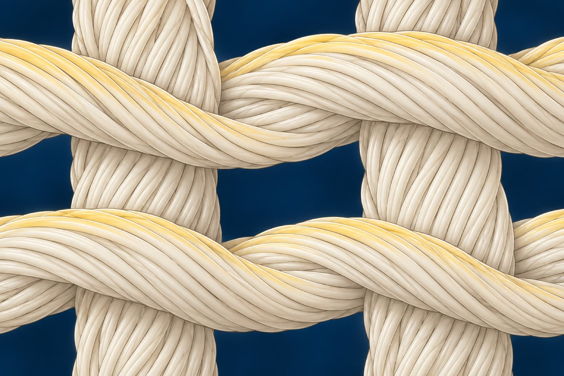 Linen threads seen under a microscope: only the topmost fibers of each thread carry a faint straw-yellow tint.