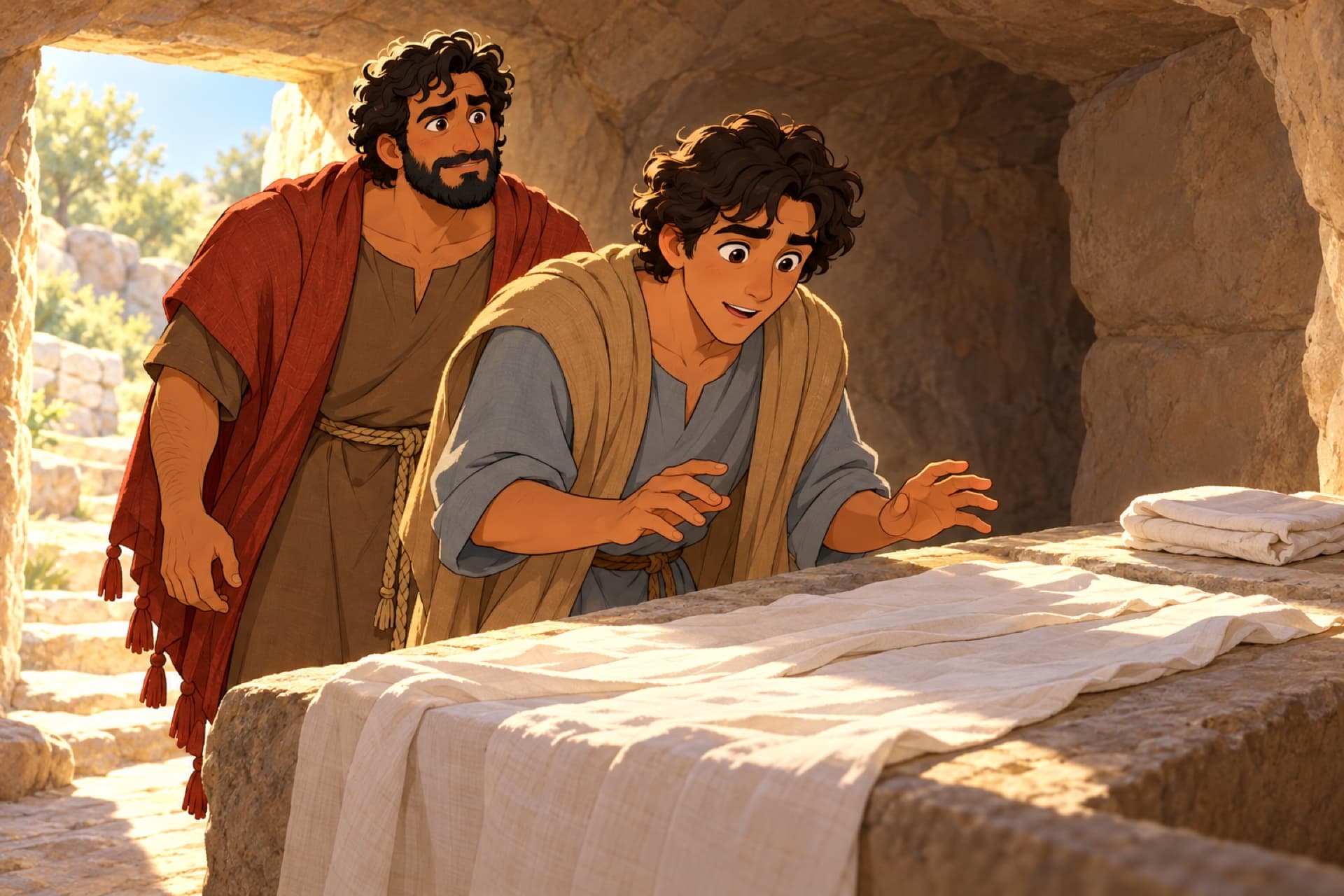 Inside the empty tomb, John stands by the stone shelf where the linen strips lie, his face filling with understanding, while Peter looks on.