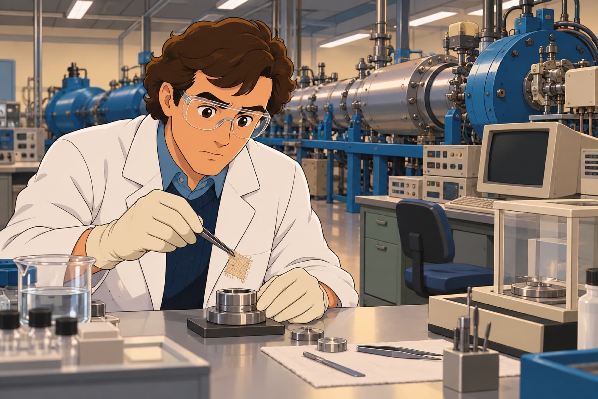 In a radiocarbon lab in 1988, a scientist with tweezers places a tiny scrap of linen into a sample holder beside a large accelerator.