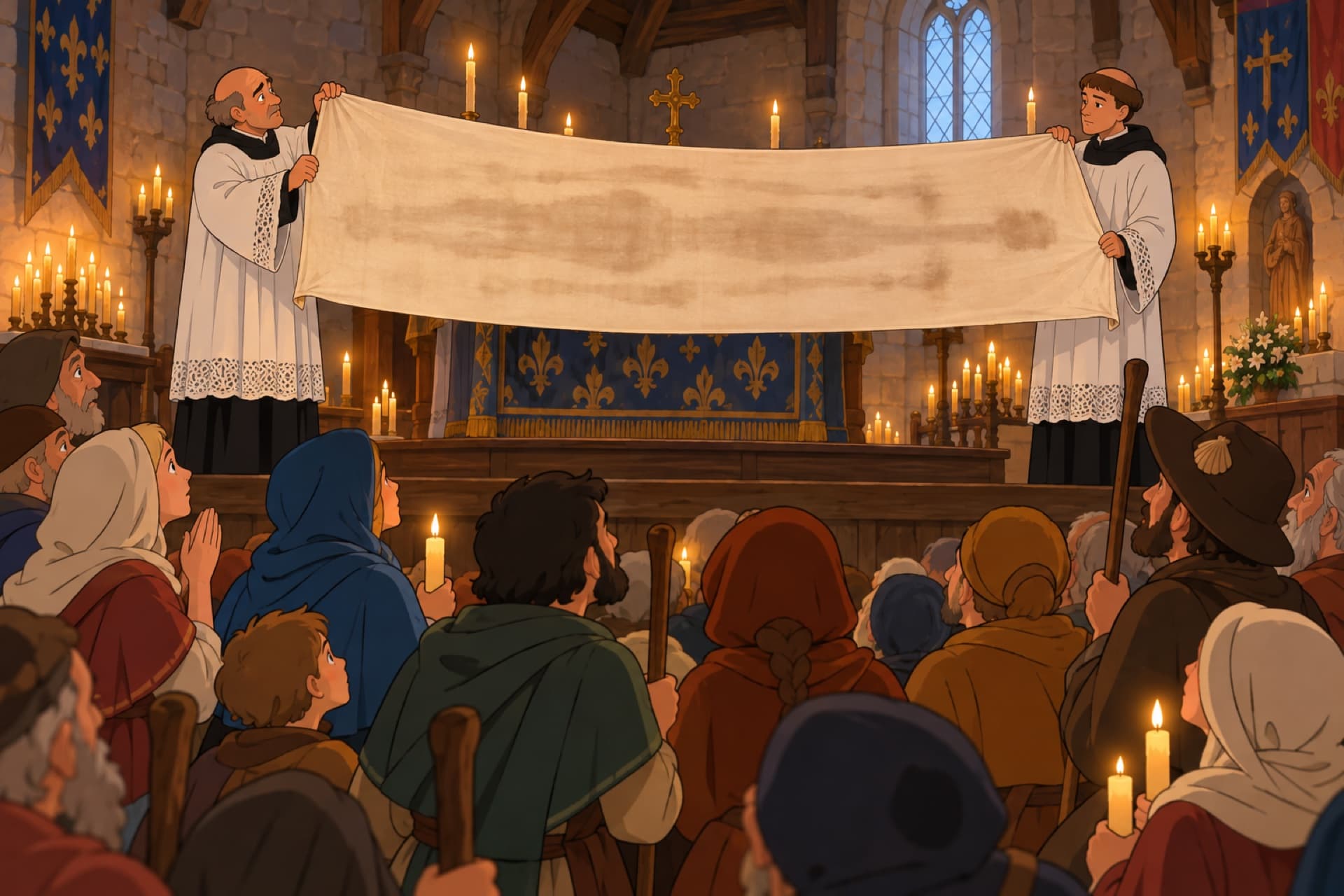 In a small stone church in medieval France, two clergymen hold up a long linen cloth before a crowd of pilgrims with candles.