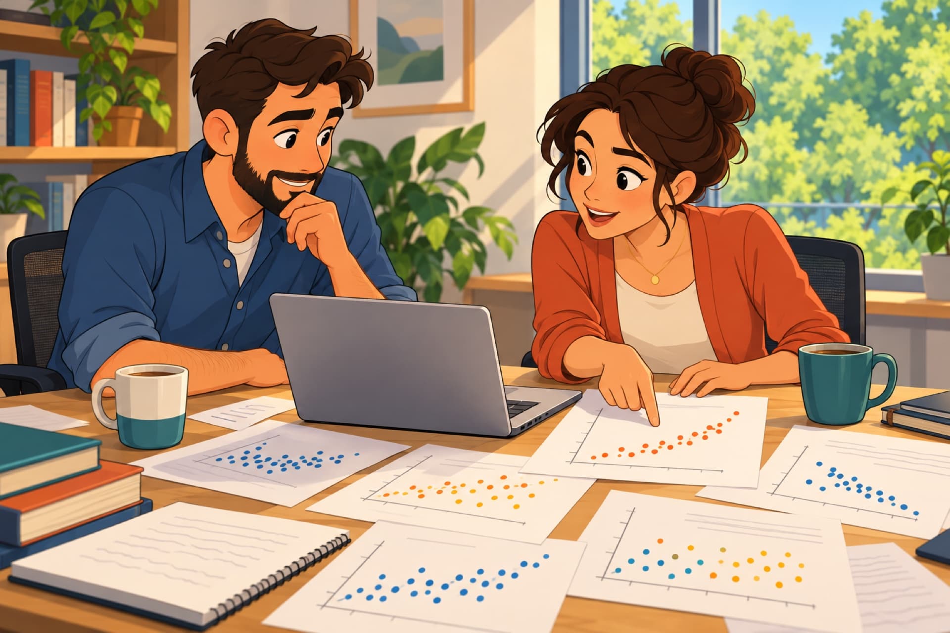 Two statisticians at a table covered in printed tables and scatter charts compare notes.