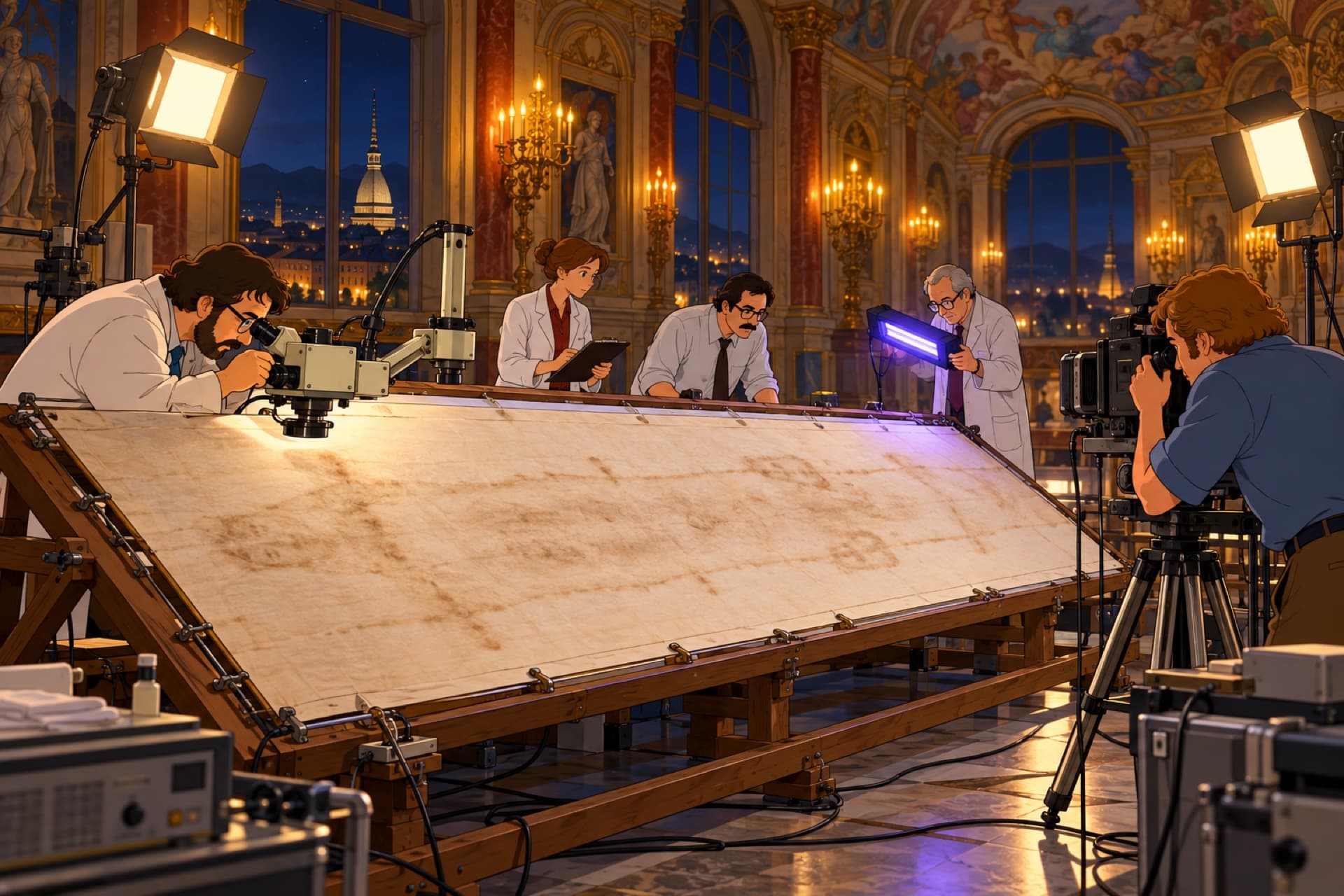 In a palace hall at night, scientists with cameras, lamps and microscopes examine a long linen cloth stretched on a frame.