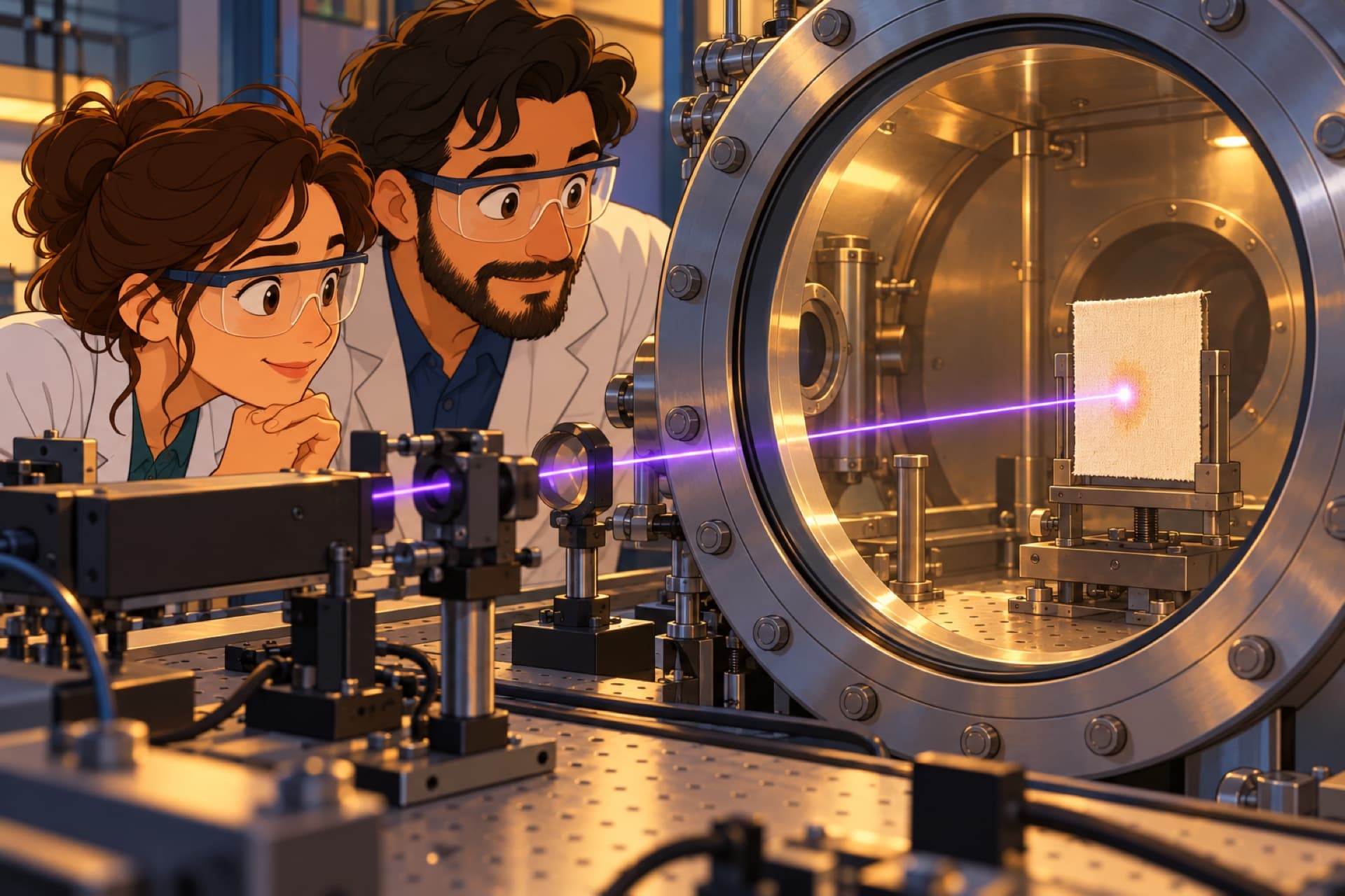 Physicists in safety goggles watch a violet laser beam strike a small square of linen inside a vacuum chamber.
