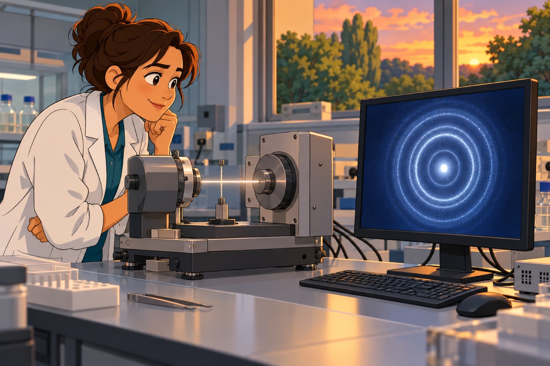 In a modern lab, a scientist watches a monitor showing a ring pattern made by X-rays passing through a single thread.
